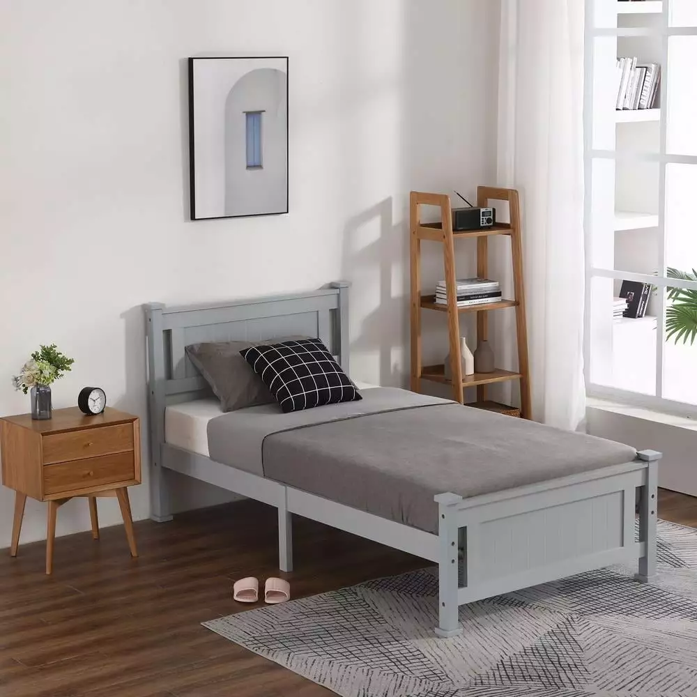 Winado Twin Bed Solid Pine Wooden Bed Frame Wood Slats Kids Bedroom Easy Assembly
