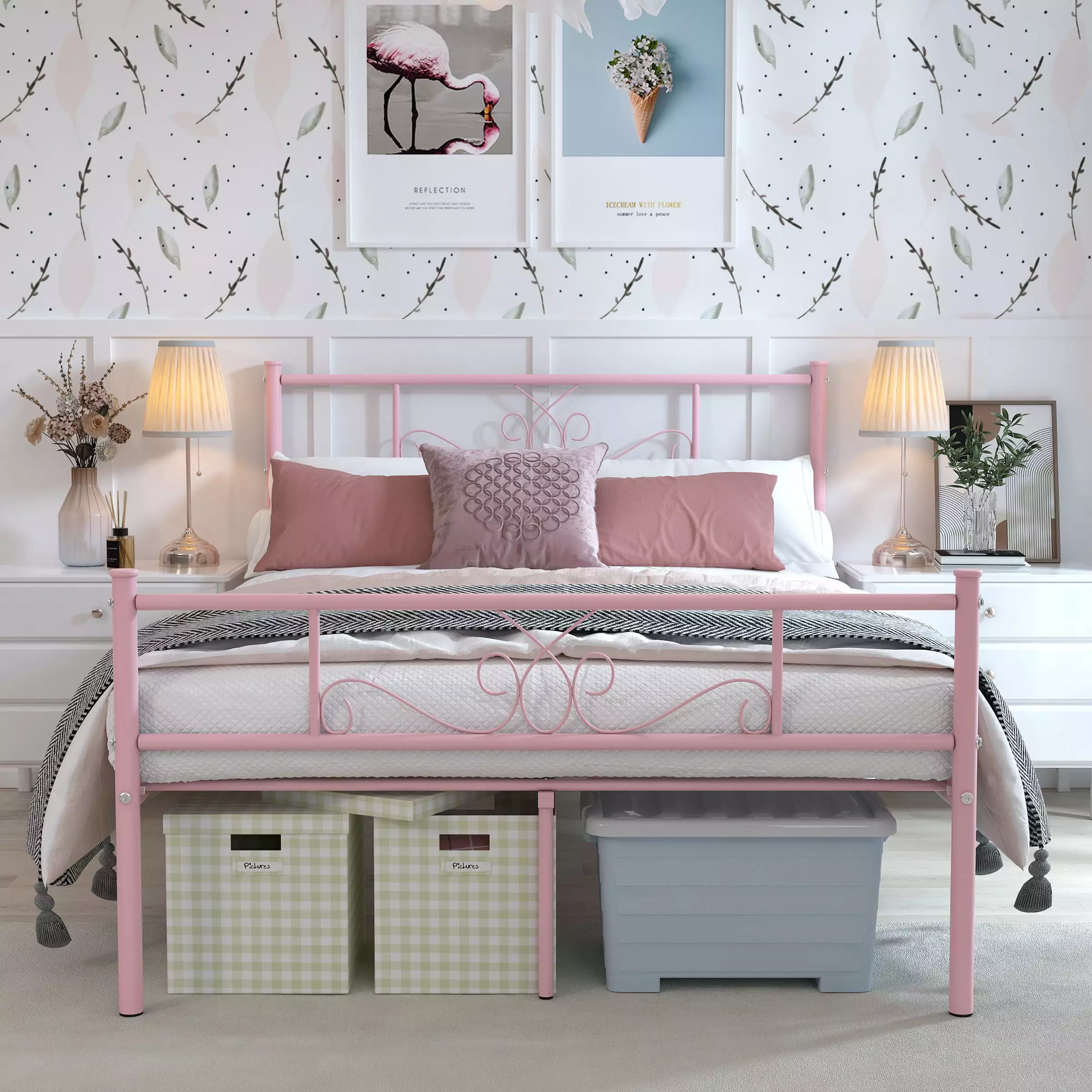 Yoneston Full Size Metal Bed Frame Headboard Footboard - Pink Bed Girls and Adults