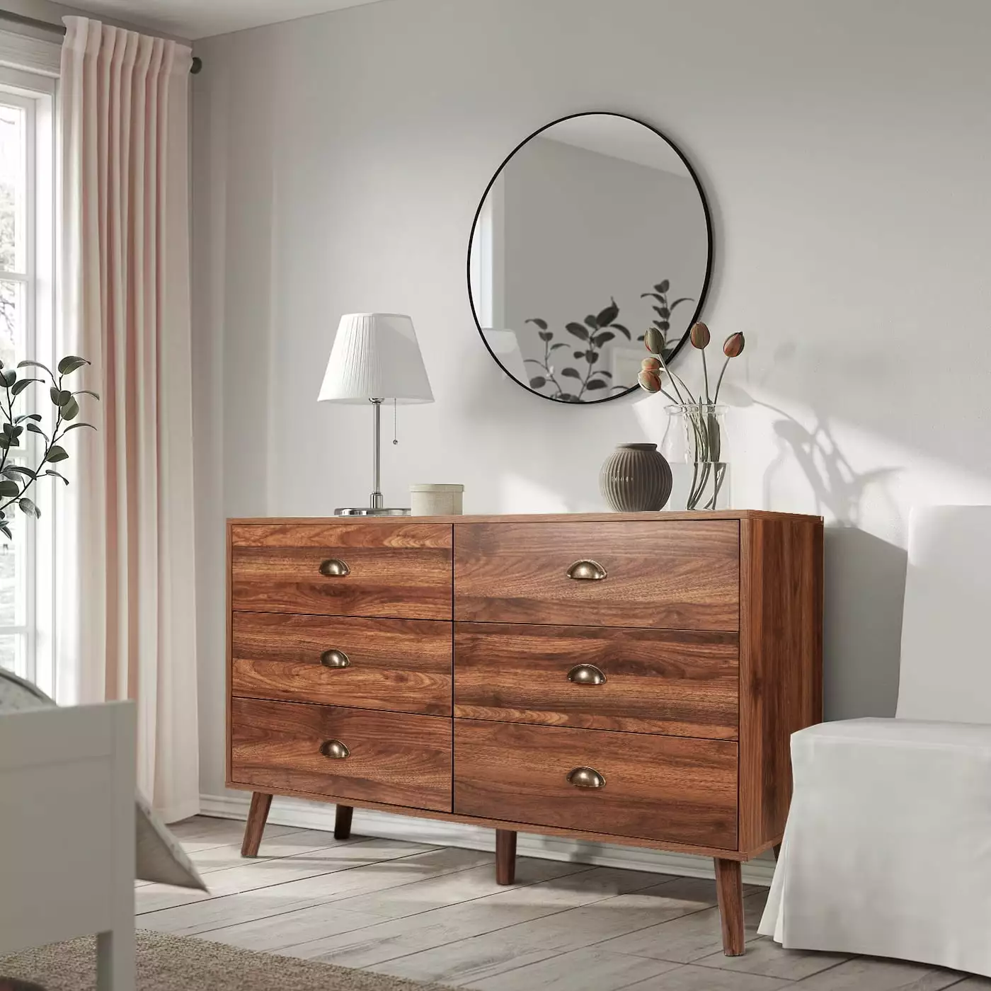 Polar Aurora 6-Drawer Wood Dresser - Mid Century Modern Chest Metal Handles