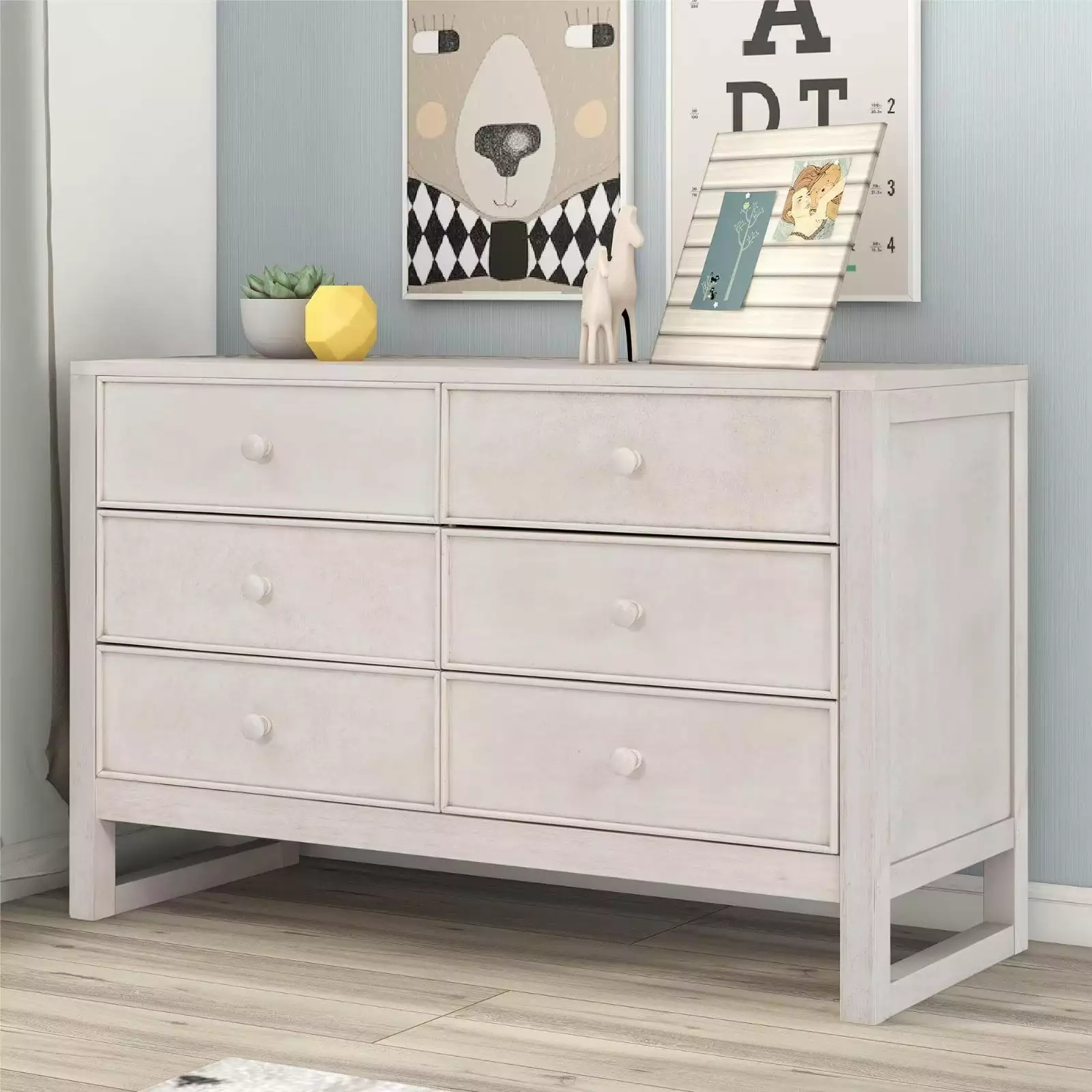 Retro Dresser 6 Drawers and Round Handles - Wooden Storage Cabinet Living Room Bedroom - Easy Assembly - White Triple Tree