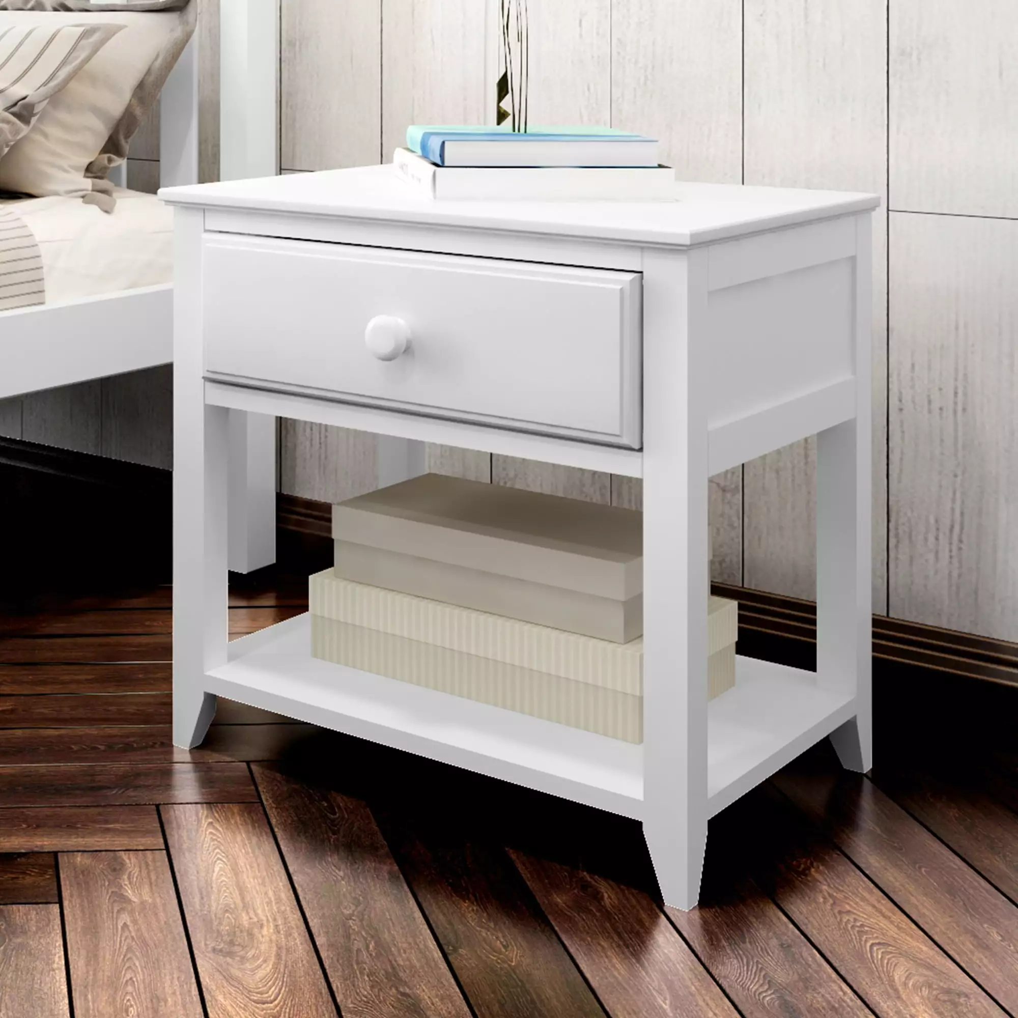 Plank+Beam White Solid Wood Nightstand Storage Drawer and Shelf Plank Beam