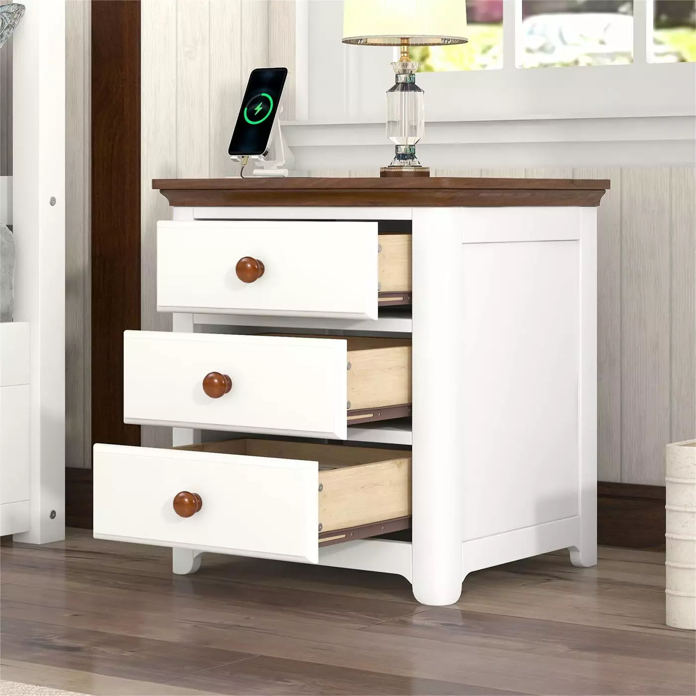Wood Nightstand Modern End Table USB Charging Ports 3 Drawers Solid Wood Legs White Triple Tree