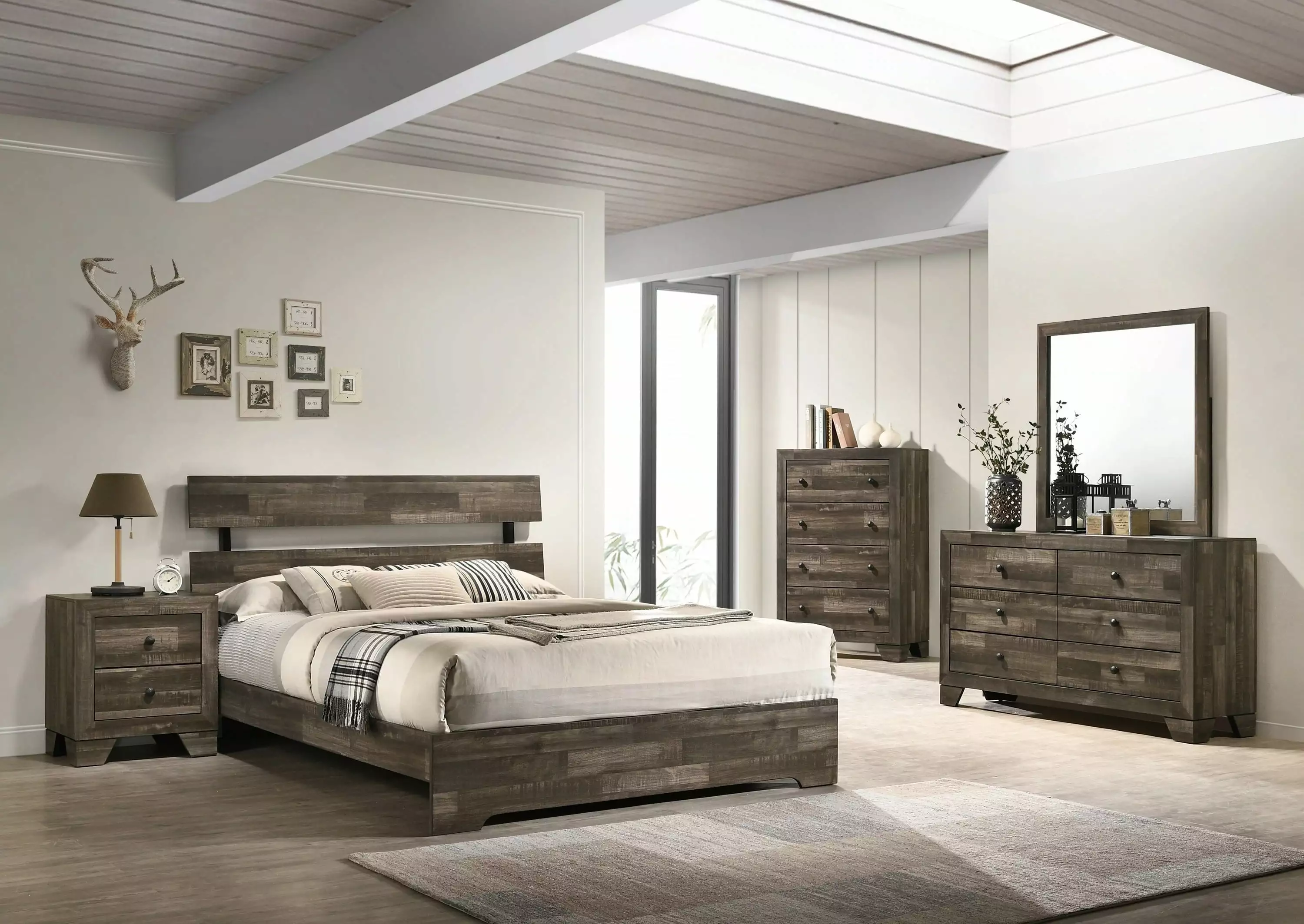 Rustic Brown Finish 5pc Twin Size Platform Bedroom Set Bed Dresser Mirror Nightstand Esofastore