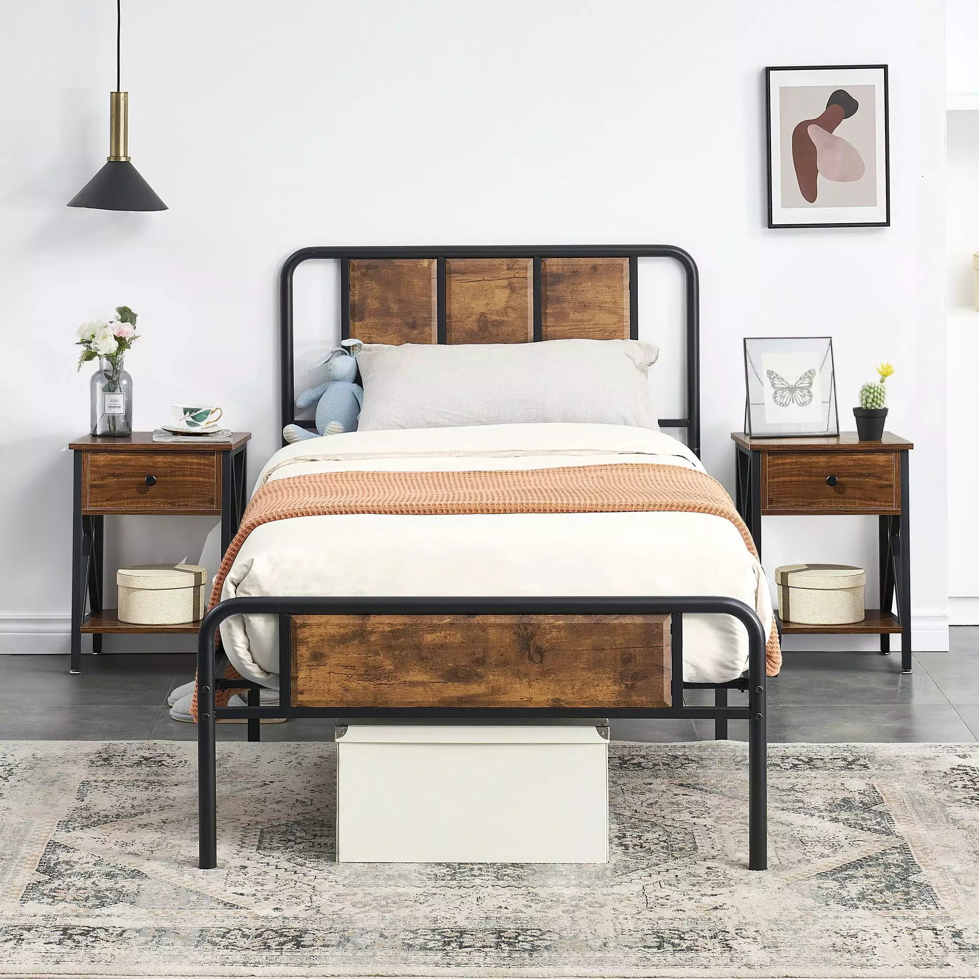 3-Piece Bedroom Set Twin Platform Bed Frame and 2 Brown Nightstands Katkuca