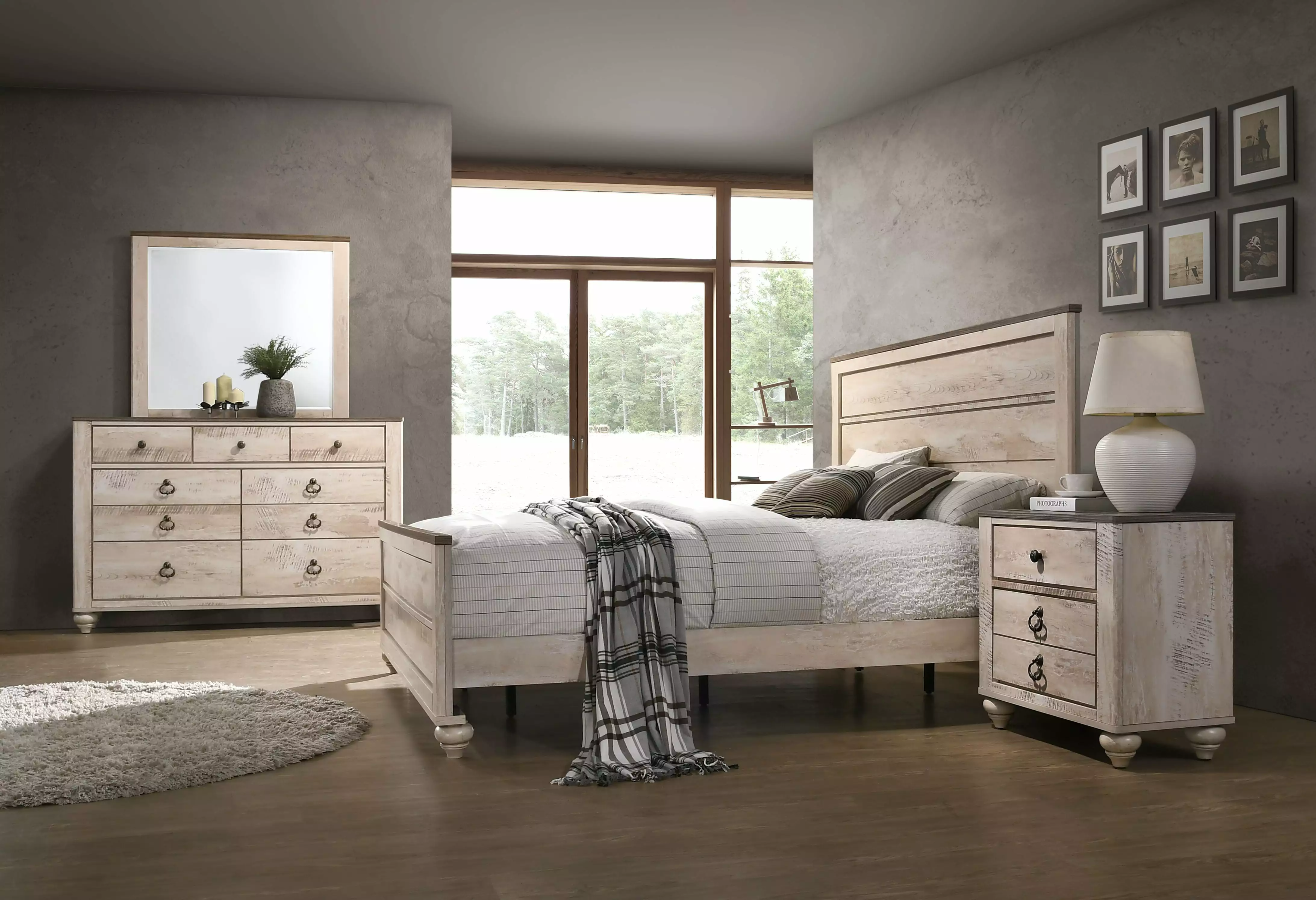Roundhill Imerland Contemporary White Wash Finish 4-Piece Queen Size Bedroom Set Roundhill Furniture