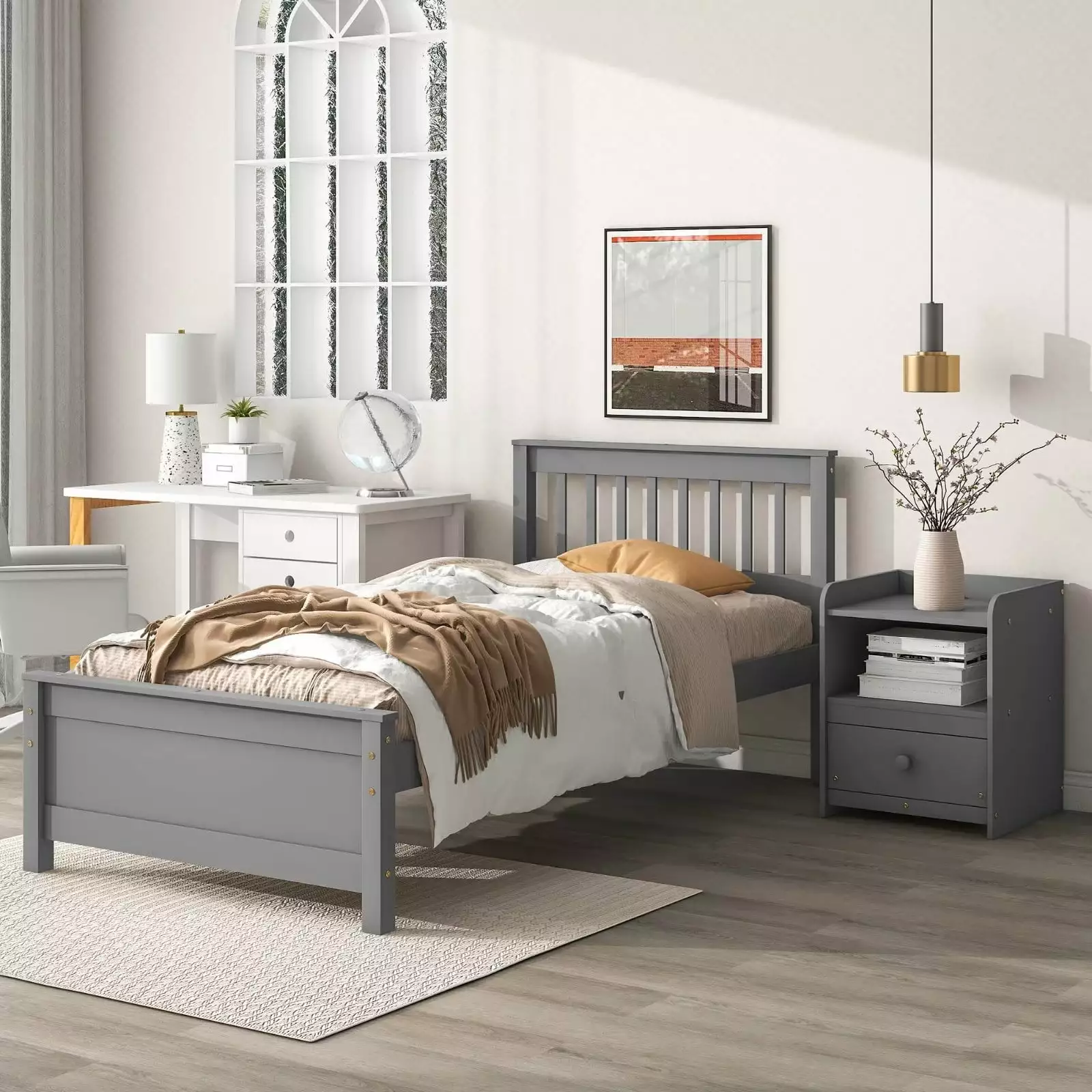 Gray Twin Platform Bed Frame One-Drawer Nightstand Solid Wood Headboard No Box Spring Triple Tree