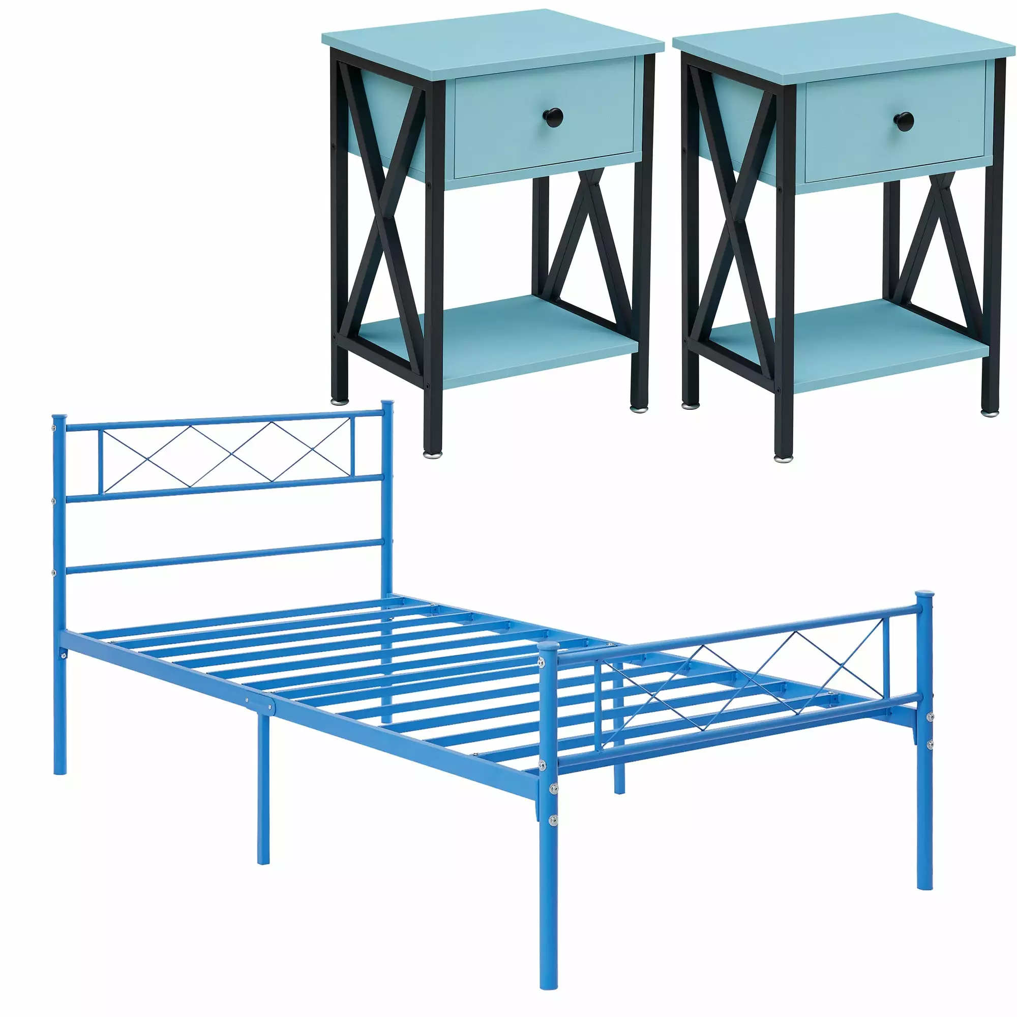 Light Blue 3-Piece Bedroom Set Metal Bed Frame and 2 Nightstands VECELO