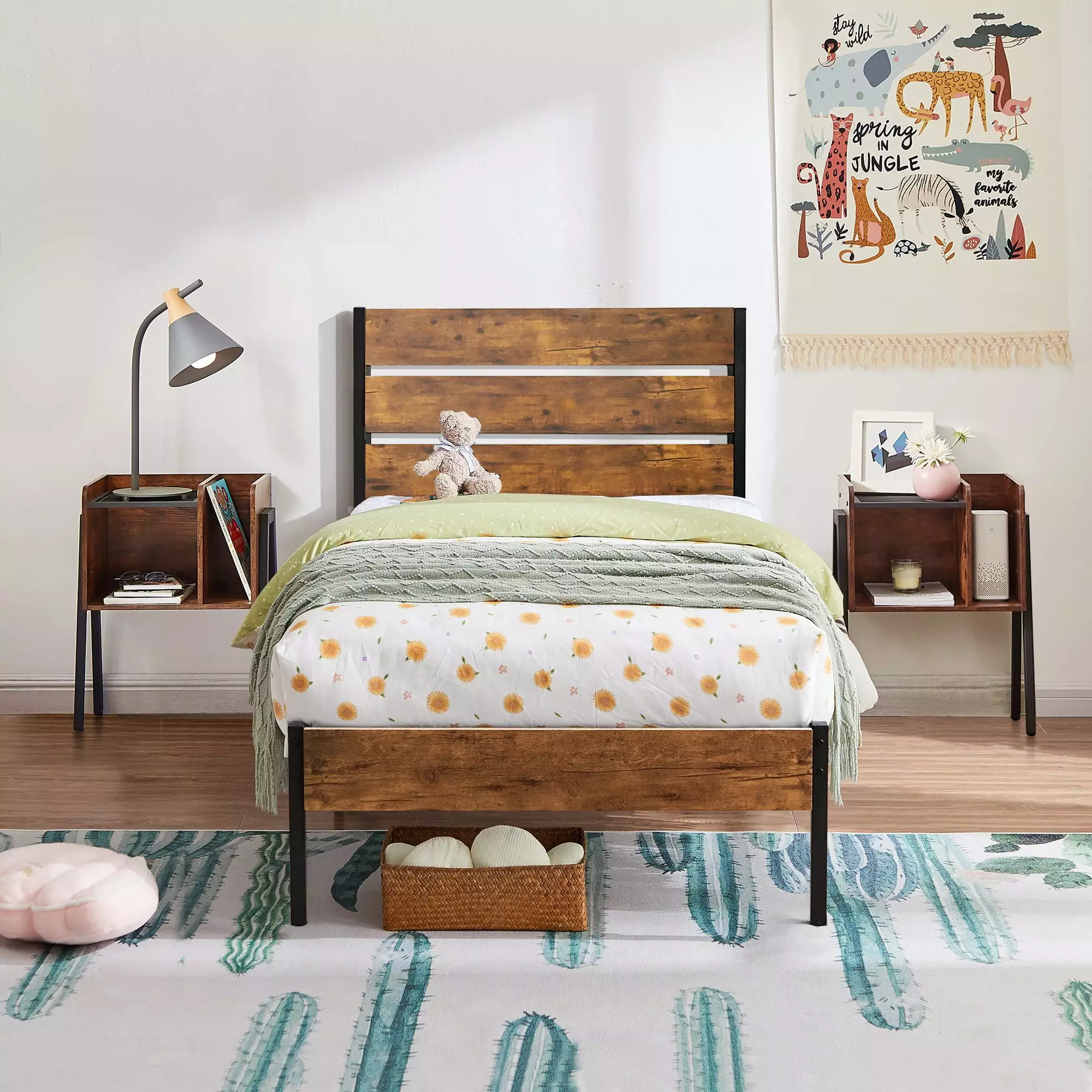 VECELO 3-Piece Bedroom Set 2 Nightstands Twin Size Metal Bed Frame Wooden Headboard Brown