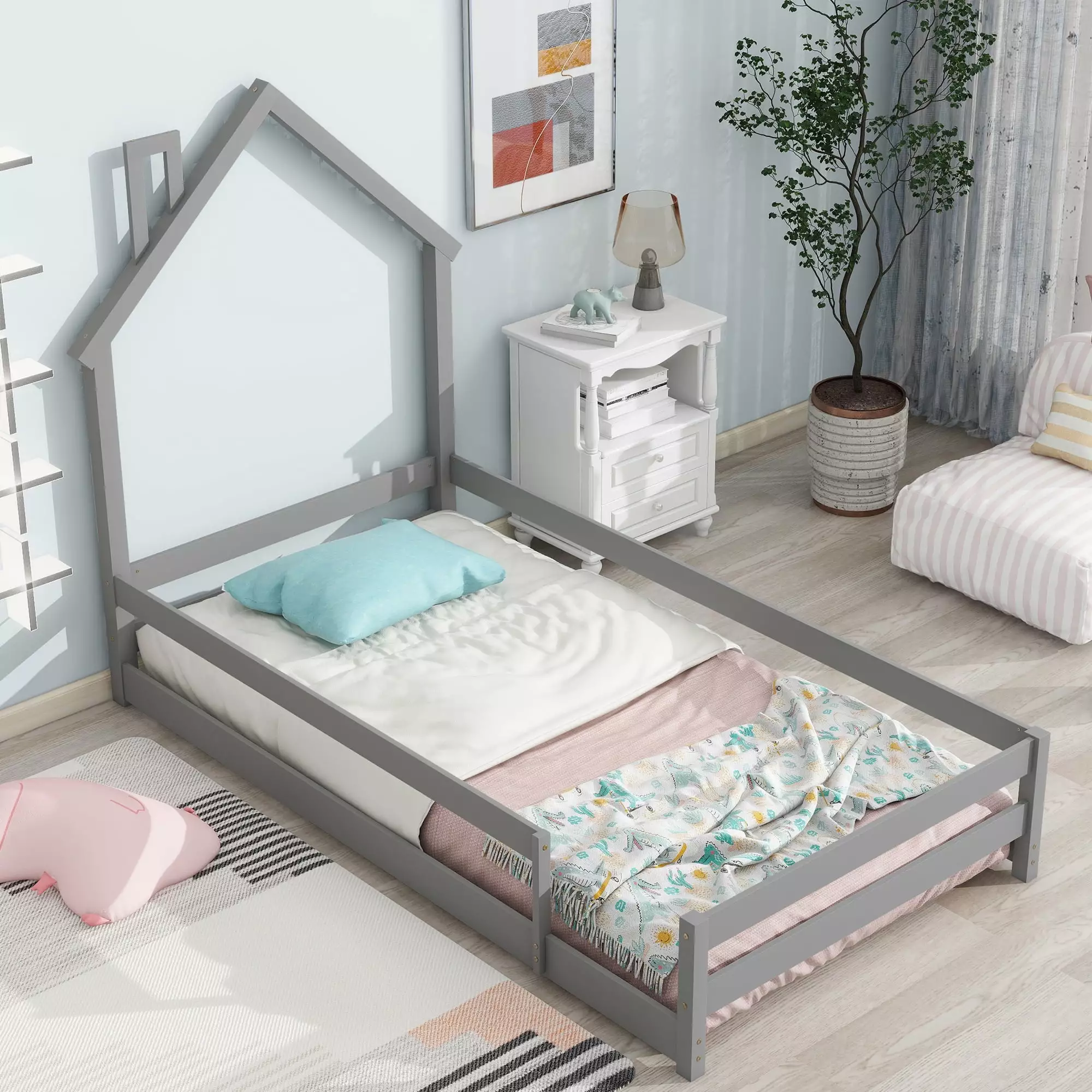 Aukfa Twin Platform Bed Houtilize-shaped Headboard Wood Floor Bed Fences Toddler Kids Gray