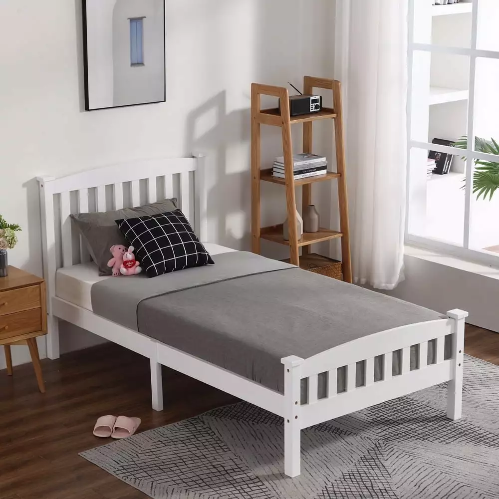 Resenkos Kids Twin Size Platform Bed Frame Headboard and Footboard - White