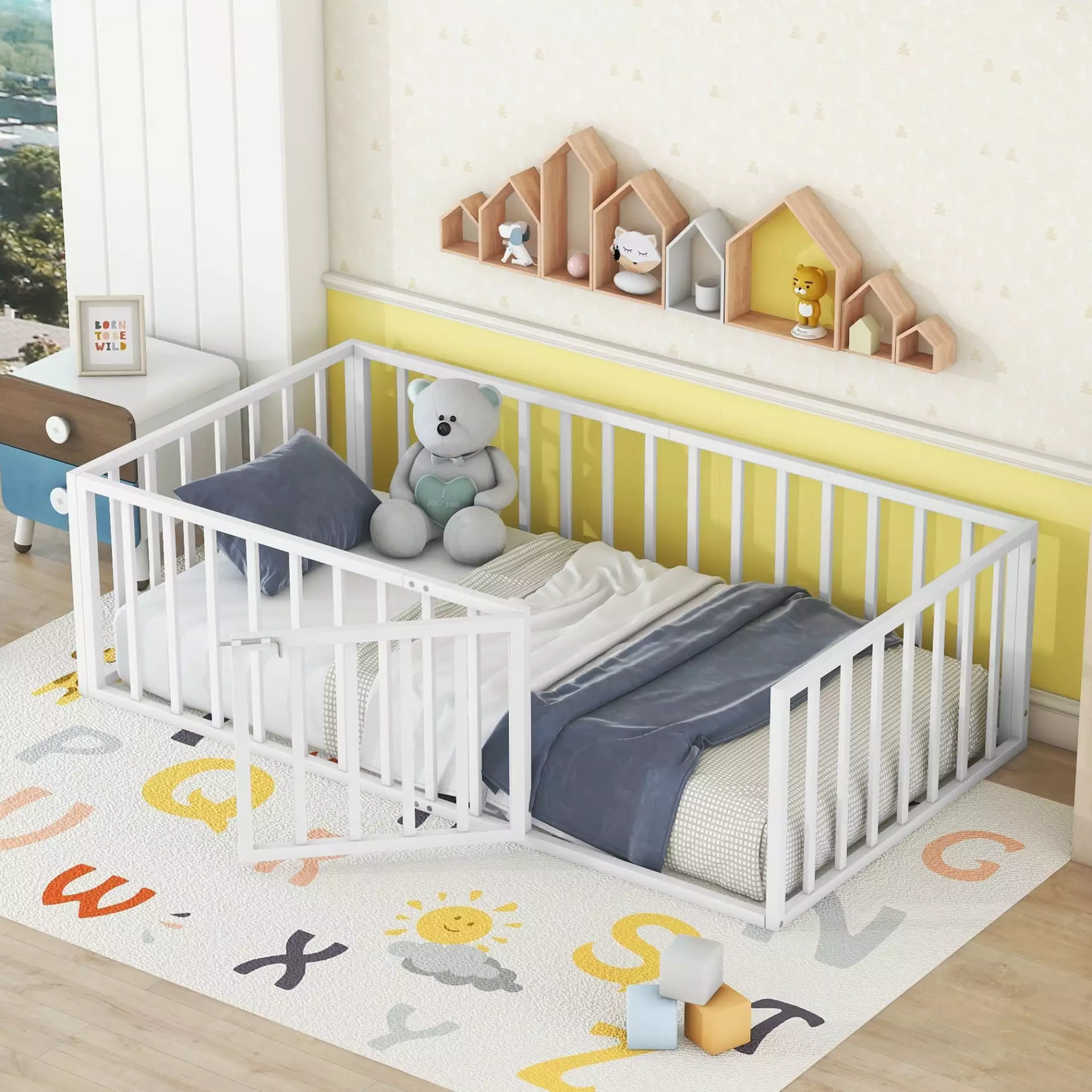 Twin Size Metal Floor Bed Frame Door Montessori Floor Bed Fence-Shaped Guardrails Kids White THOWDEE