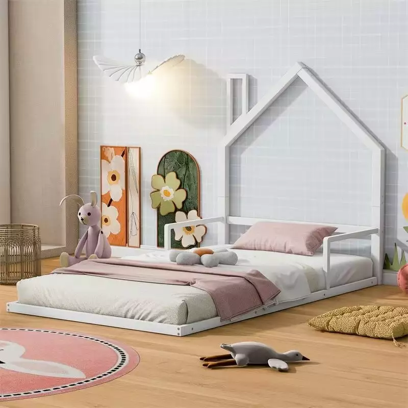 Twin Metal Floor Bed Kids Montessori Bed Frame Houtilize-shaped Headboard Chimney Playhoutilize Tent Bed White Triple Tree