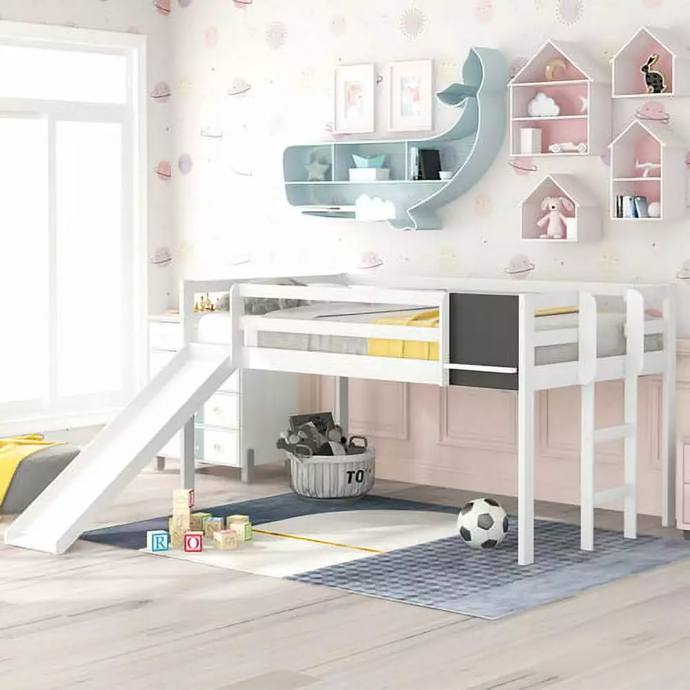 Kids Loft Bed Slide - Twin Bed Ladder and Chalkboard - Multifunctional Space Saving Bed Frame - White Anwick