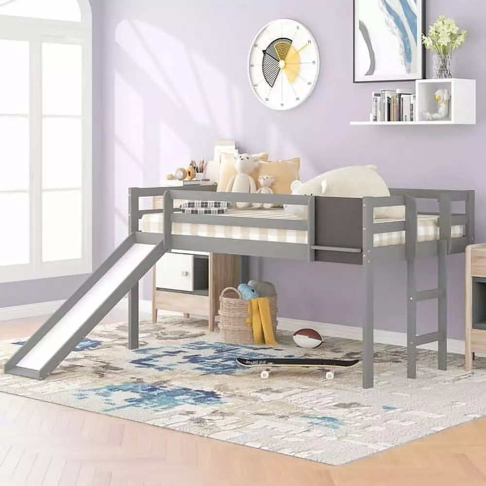 Kids Loft Bed Slide - Twin Bed Ladder and Chalkboard - Multifunctional Space Saving Bed Frame - Gray Anwick