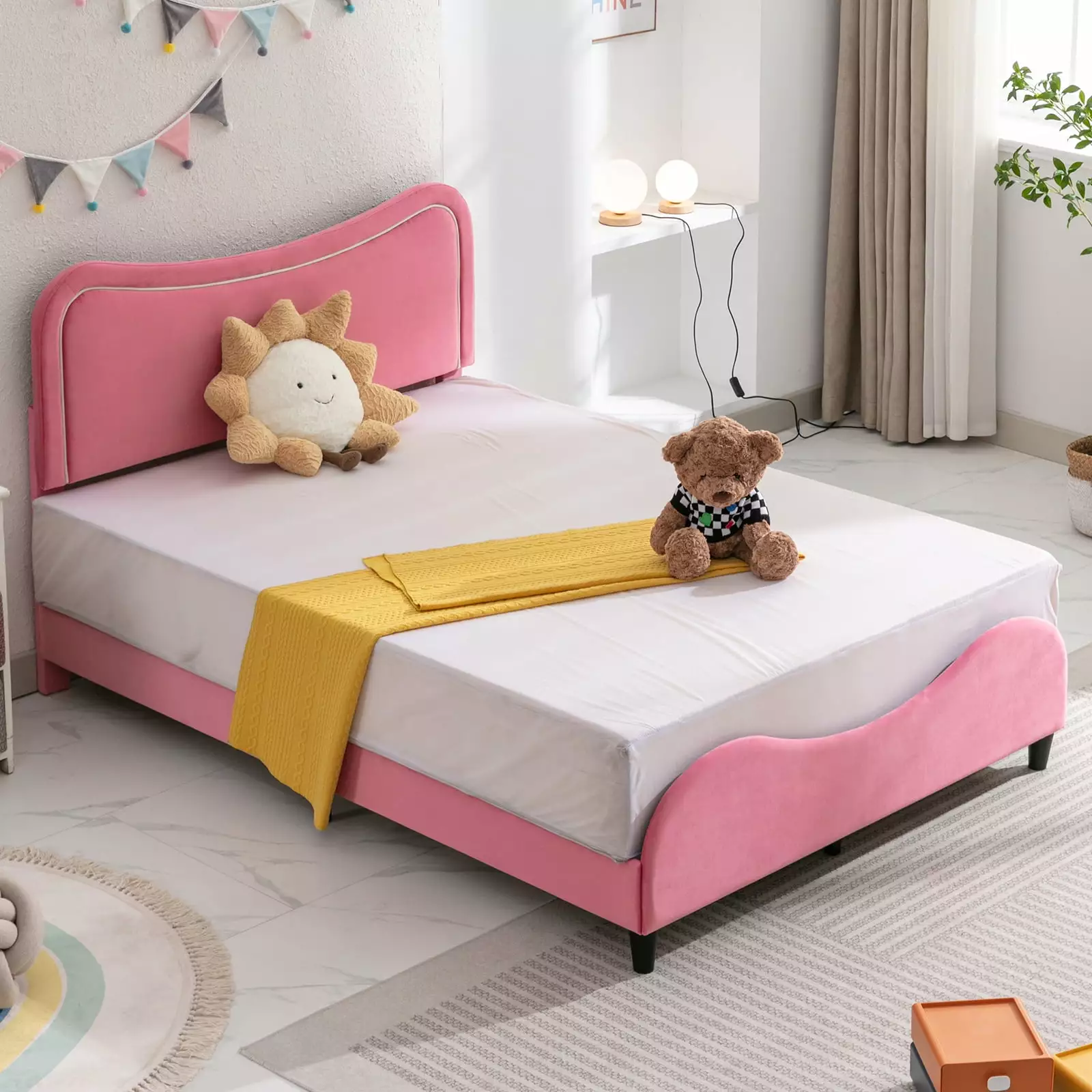 BALUS Twin Bed Frames Kids Wood Upholstered Twin Bed Platform Slat Support Padded Headboard Footboard No Box Spring Needed...