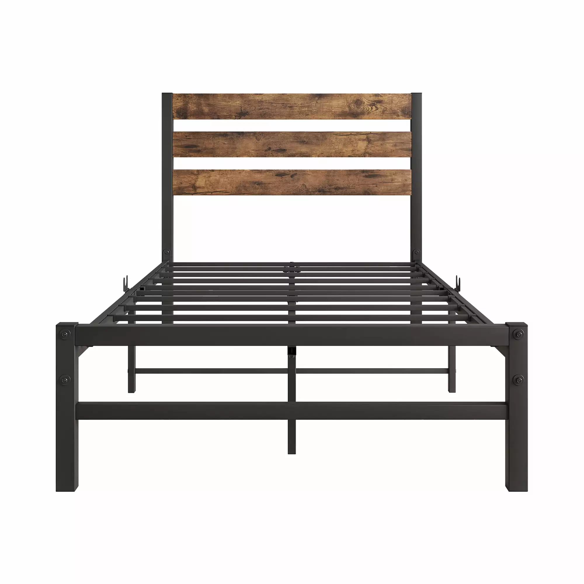 Twin Size Bed Frame Toddlers, Upgraded Metal Platform Bed Headboard and Footboard, No Box Spring Needed, Brown BTMWAY
