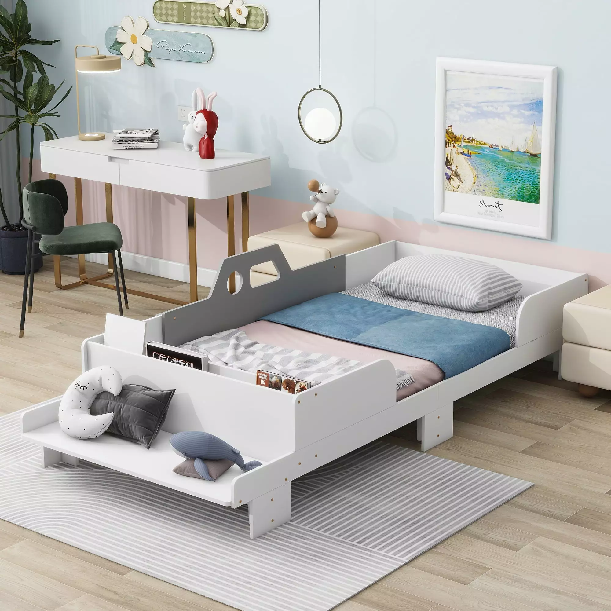 Miniyam Twin Size Car-Shaped Bed Bench Kids - White Children's Bed Play Feature