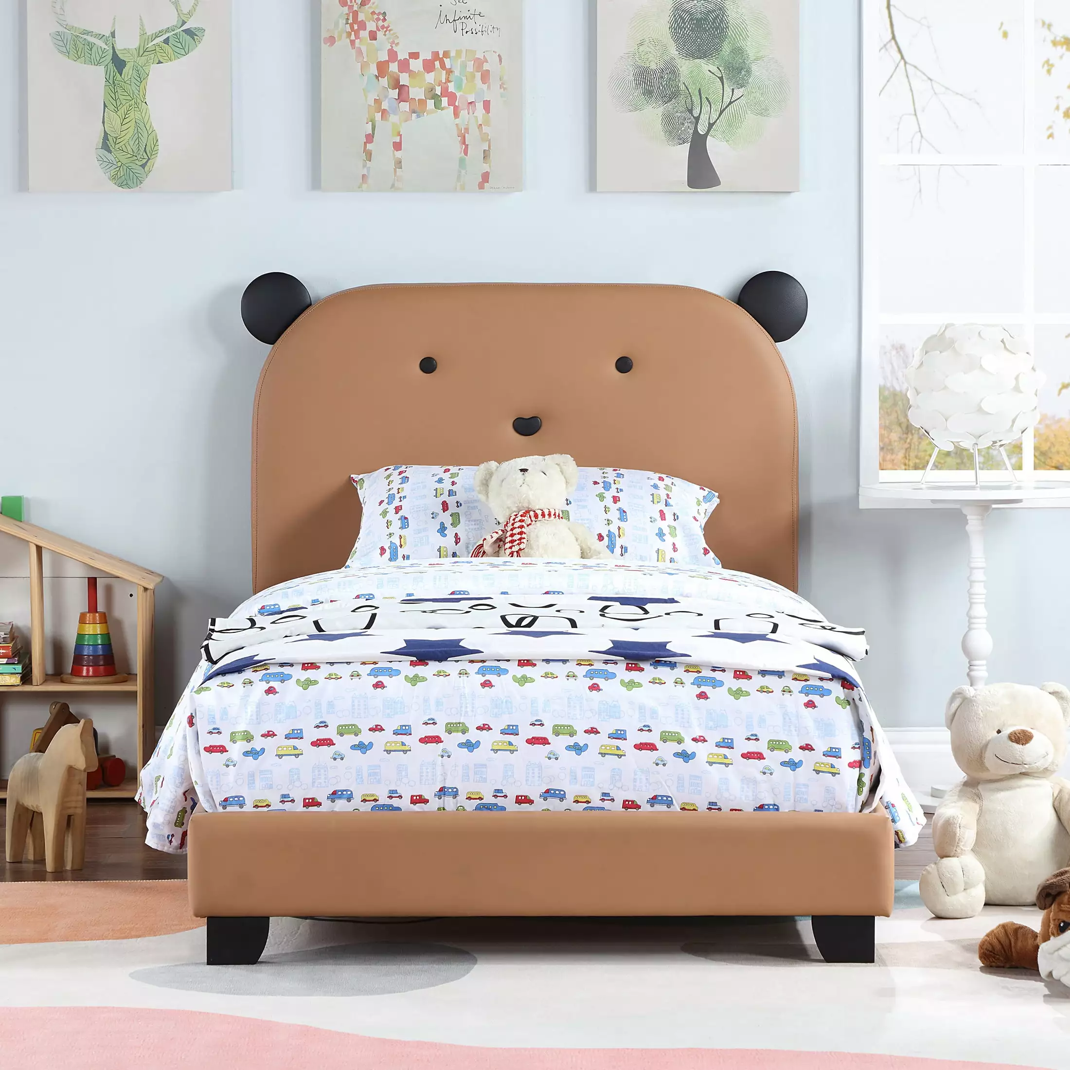 Twin Bed Frame Headboard Kids - Cute Bear Shape Upholstered Platform Bed, No Box Spring Needed, Brown Syngar