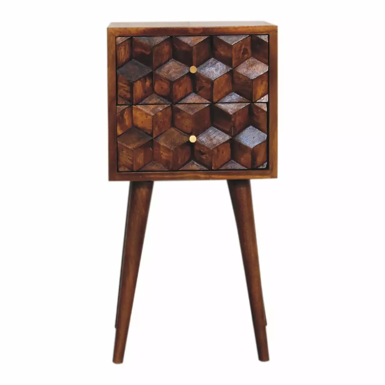 Mini Chestnut Cube Carved 2 Drawer Bedside Nightstand Artisan Furniture