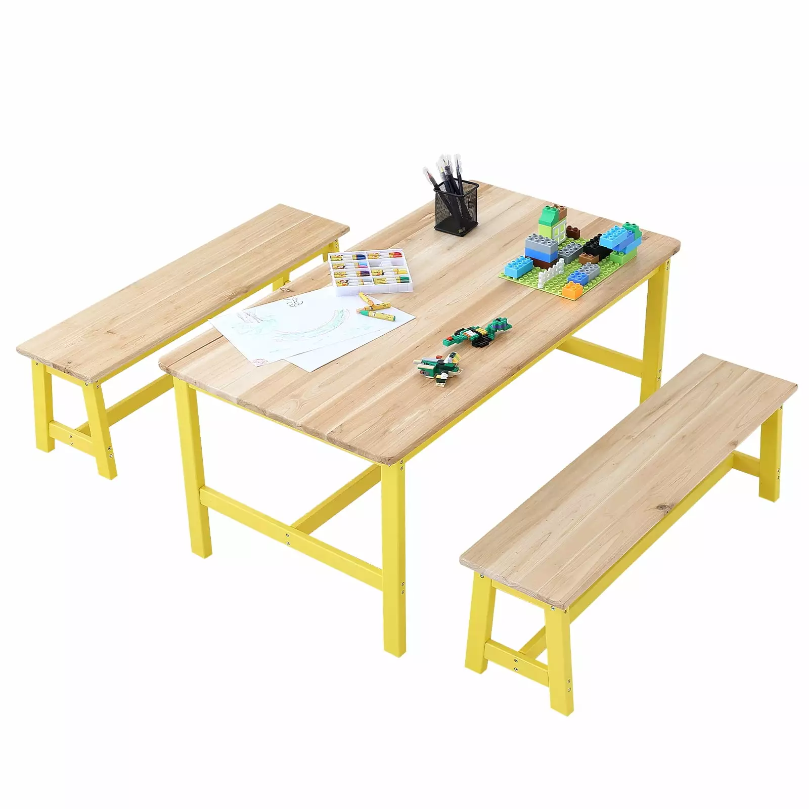 SKYSHALO Kids Table and Bench Set Toddler Table and Chair Set 3 Arts Crafts