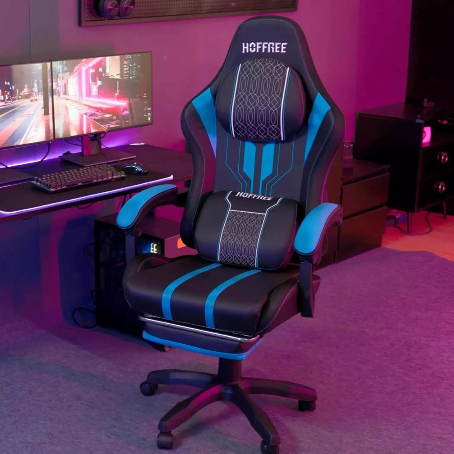 Gaming Chair Bluetooth Speakers and Massage Function - Big and Tall Chair Heavy People Adults Blue and Black ZHJG