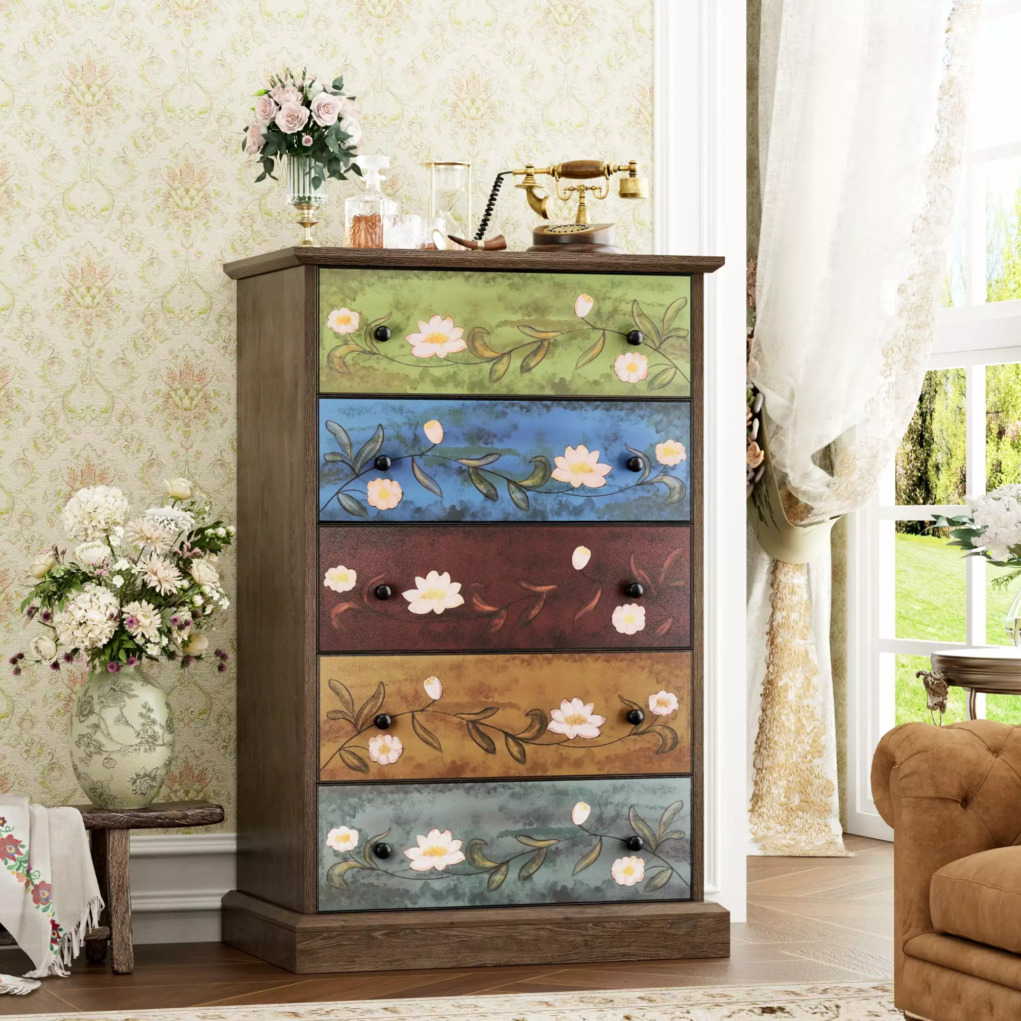 Homfa 5 Drawer Dresser Bedroom - Boho Wood Storage Cabinet Living Room