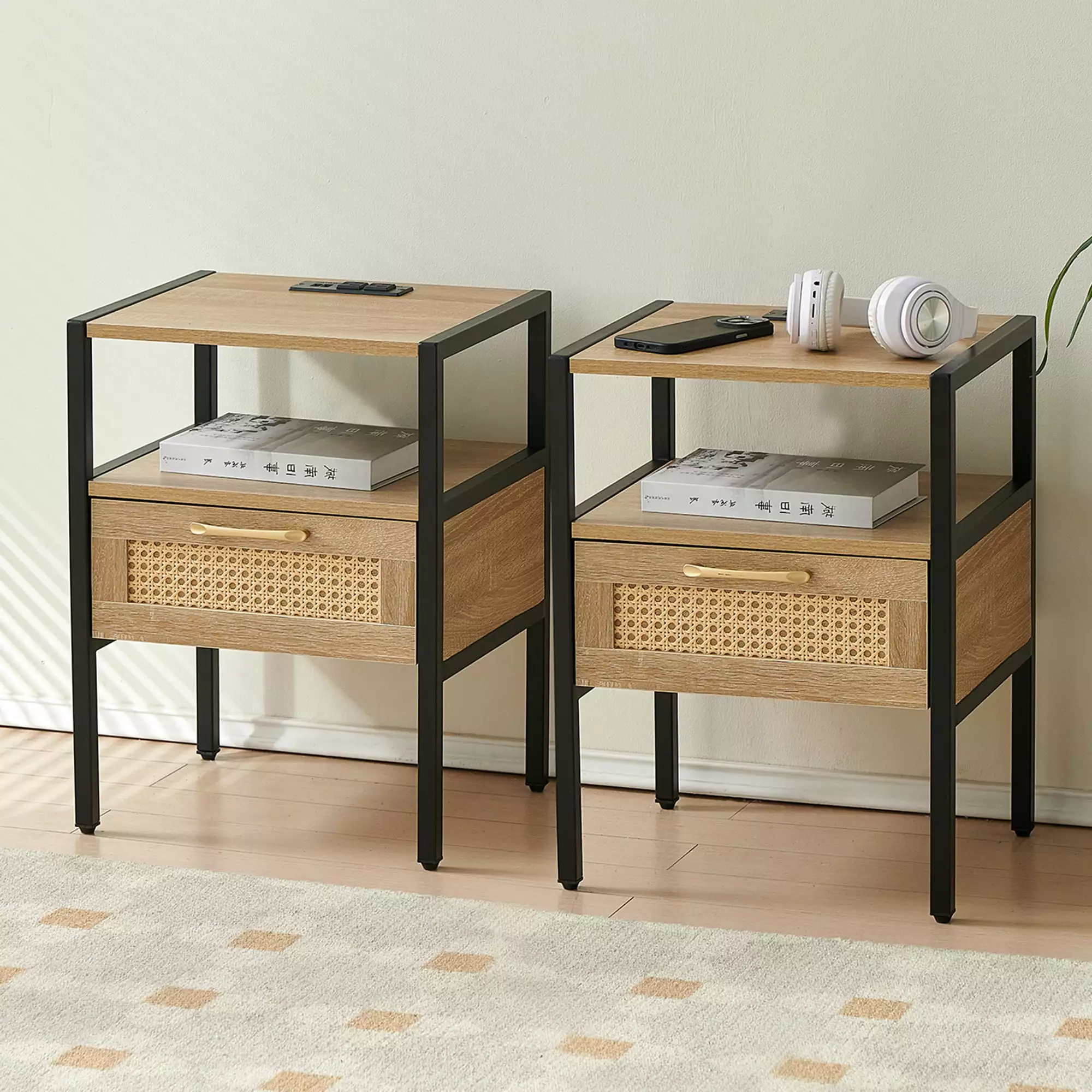 Boho Nightstands Set 2 Rattan End Table Power Outlet USB Ports Oaks Aura