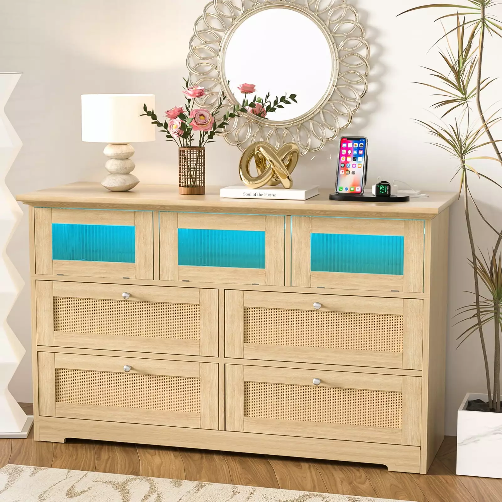 Rattan 7 Drawer Dresser Charging Station and LED Lights - Boho Dresser Bedroom, Living Room, or Hallway AldawinLe