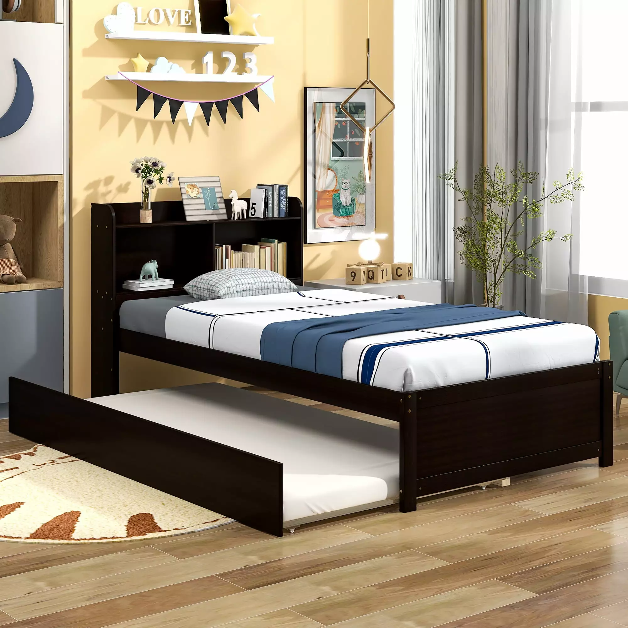 uhomepro Twin Bookcase Bed Urban Trundle - Espresso Wooden Captain Storage Bed Frame