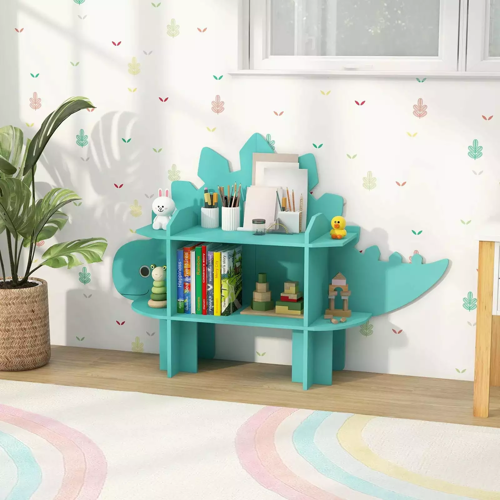 Laicejoy Dinosaur Bookcase Kids 2-Tier Toy Storage Arranger Open Storage Shelves
