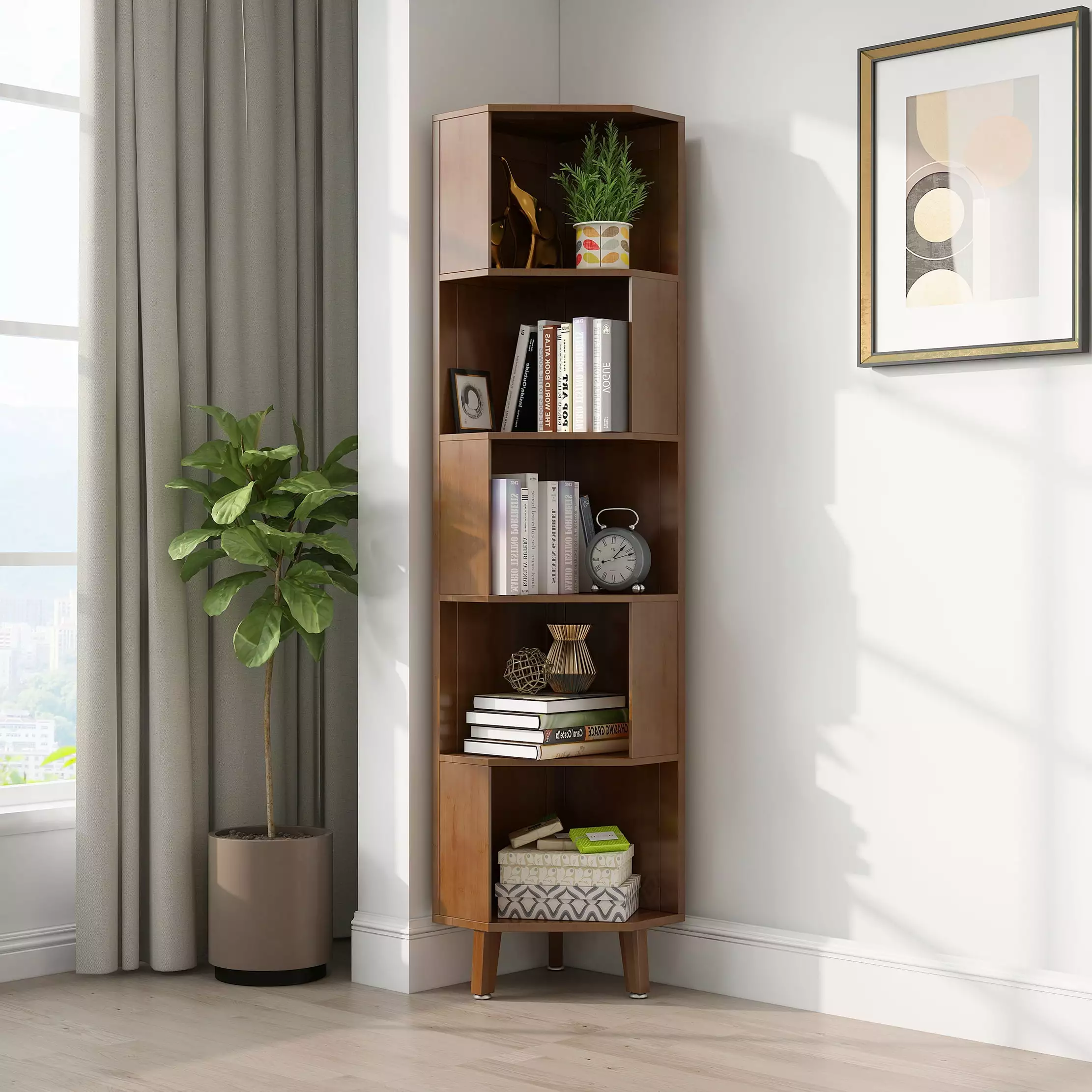 BALANBO 5-Tier Cube Corner Bookshelf Bamboo Corner Bookcase Brown