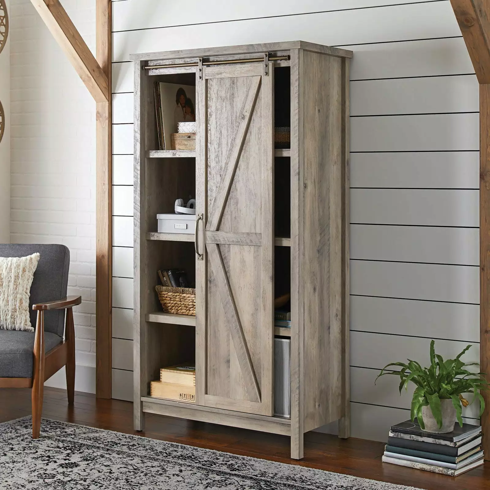 Better Homes & Gardens 66 Modern Farmhouse Bookcase Storage Cabinet Rustic Gray Finish