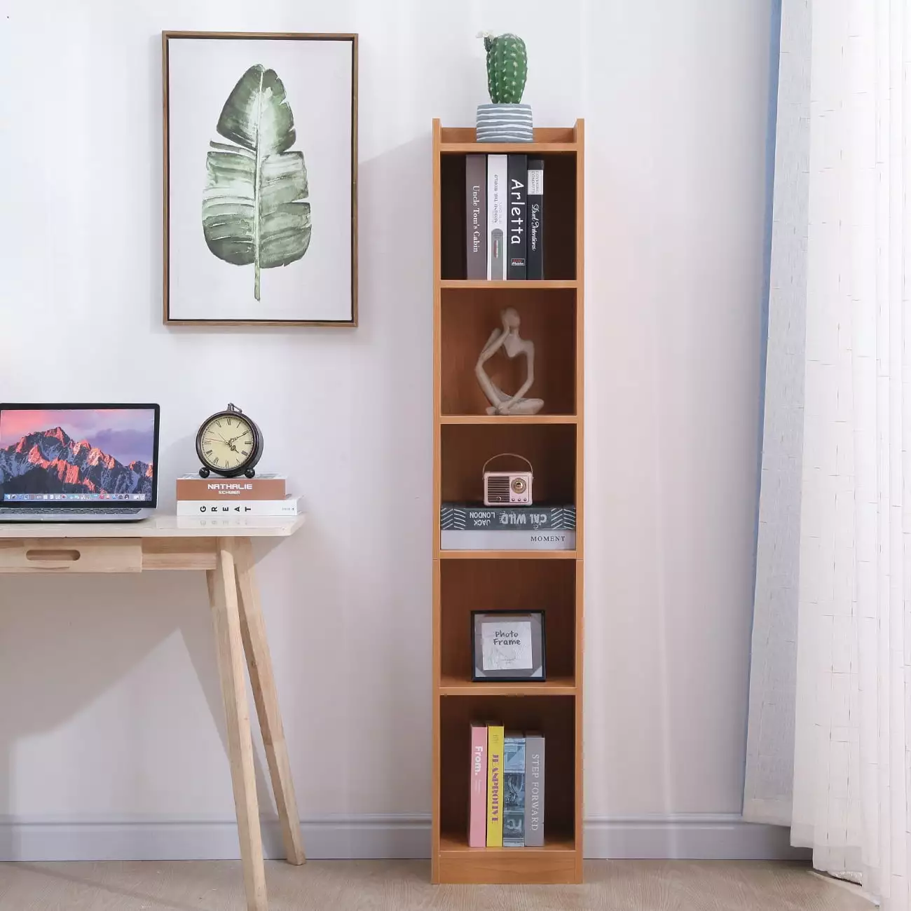 5 Tier Bookshelf Adjustable Storage Shelves Small Narrow Corner Bookcase 60 Inches Walnut BonChoice