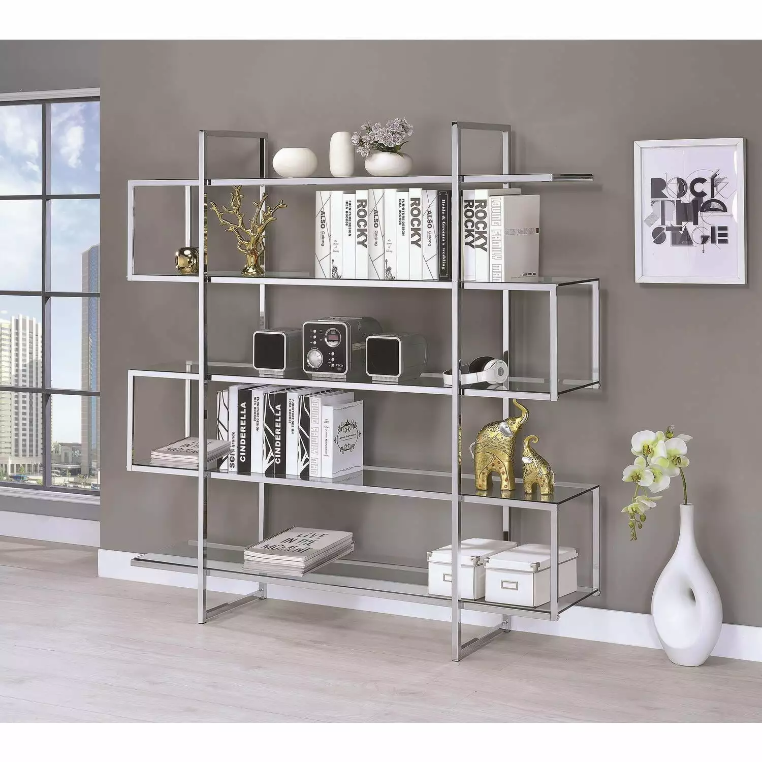 Coaster 5-Shelf Contemporary Bookcase Chrome Clear Glass Shelves Silver Finish Coaster Company