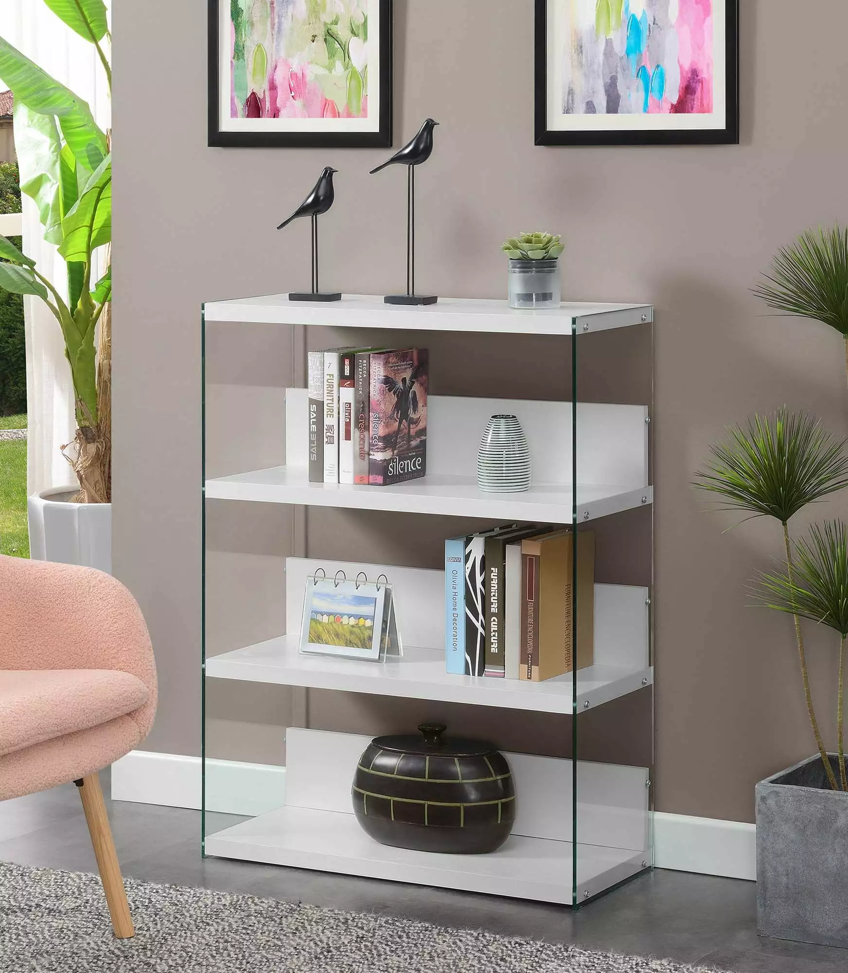 Convenience SoHo 4 Tier Glass Wide Bookcase White Glass Convenience Concepts