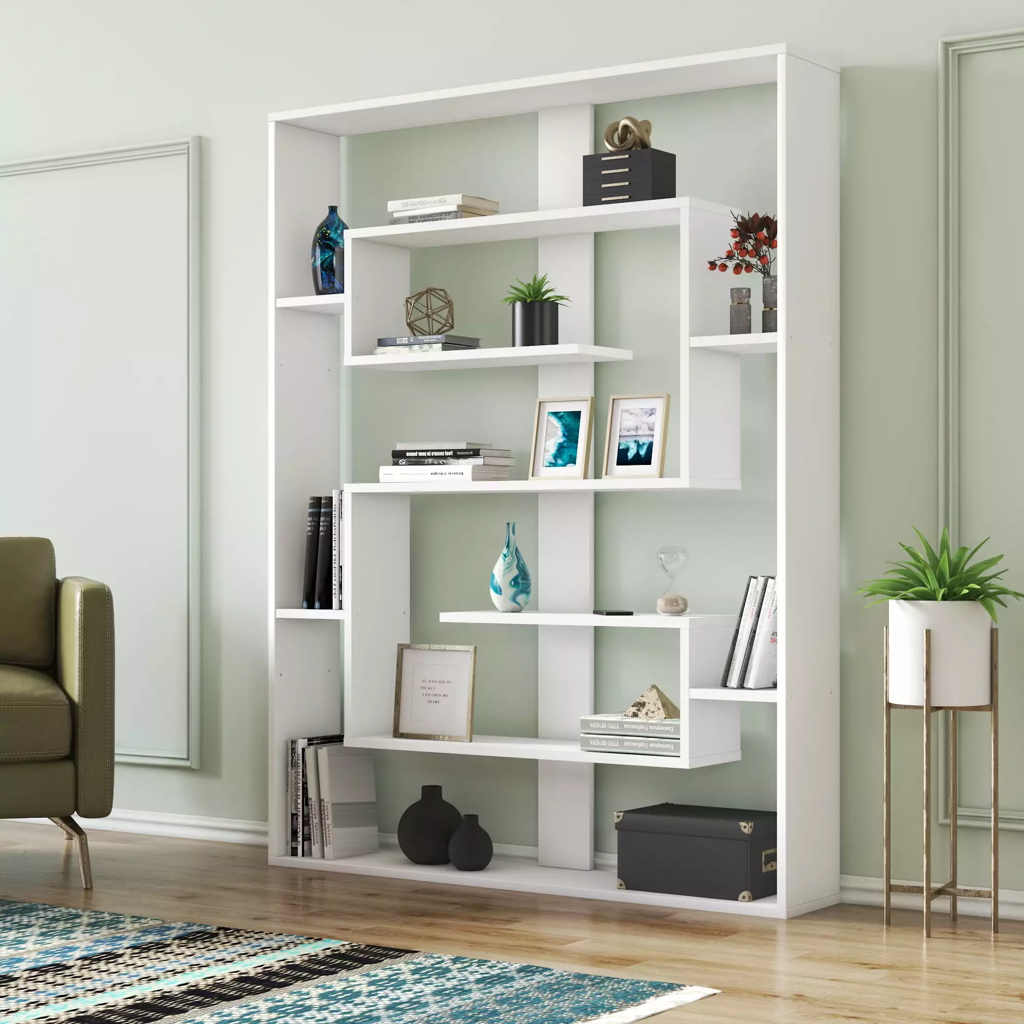 Esteban 6 Tier Geometric Open Shelves Bookcase White Decorotika