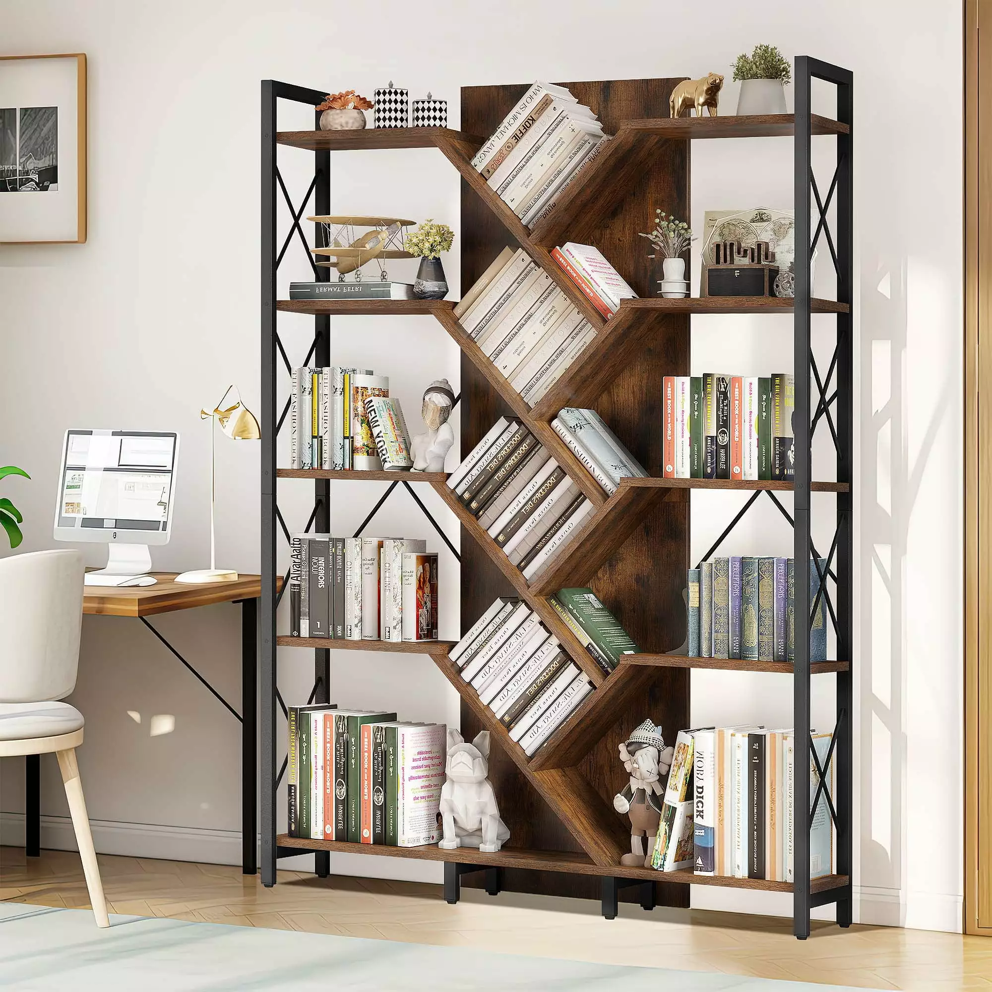 Dextrus 70.8 Inch Tall Industrial 5 Tier Bookshelf Rustic Brown Living Room, Bedroom, or Office