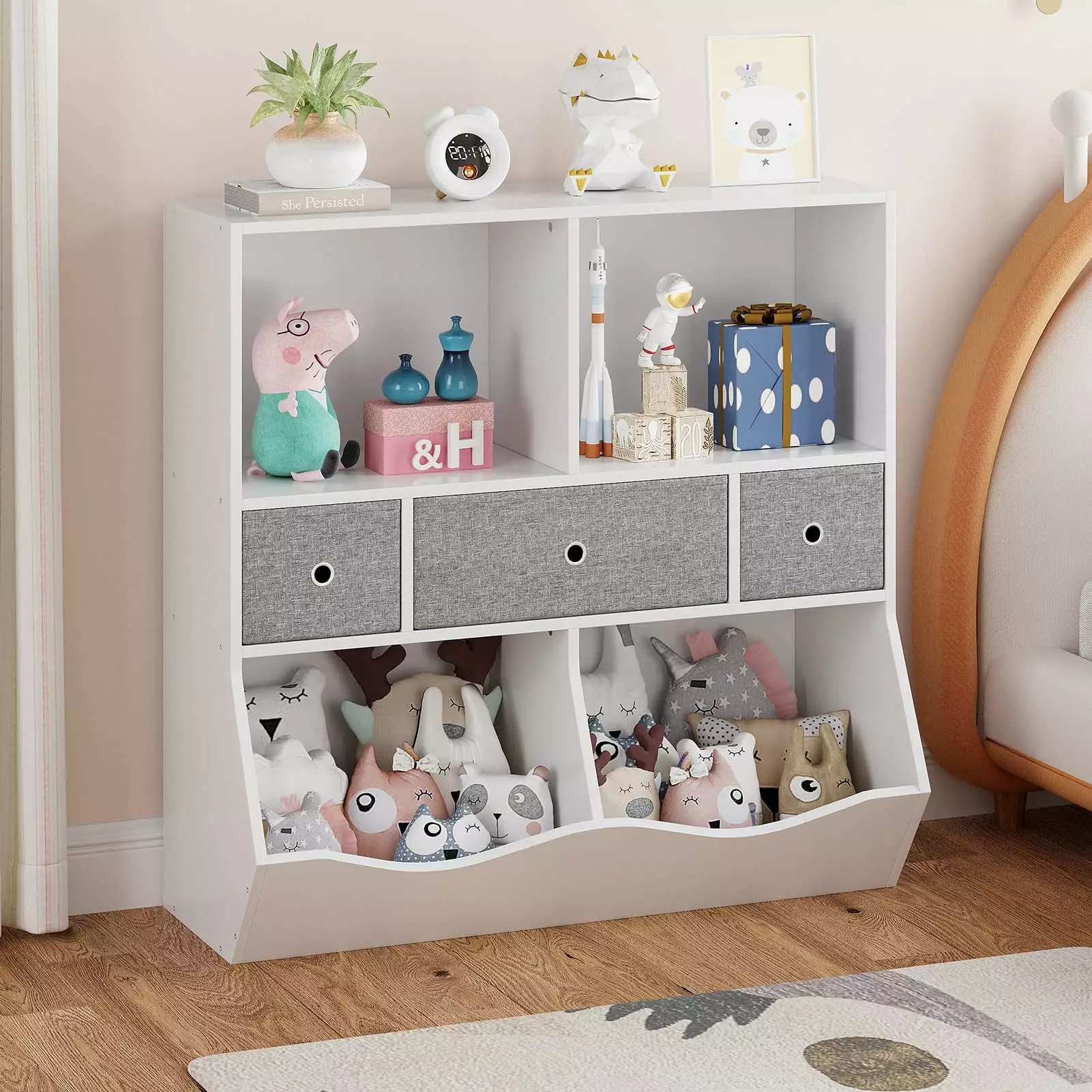 DSstyles Kids Bookshelf and Bookcase Toy Storage Cubby and Drawers White