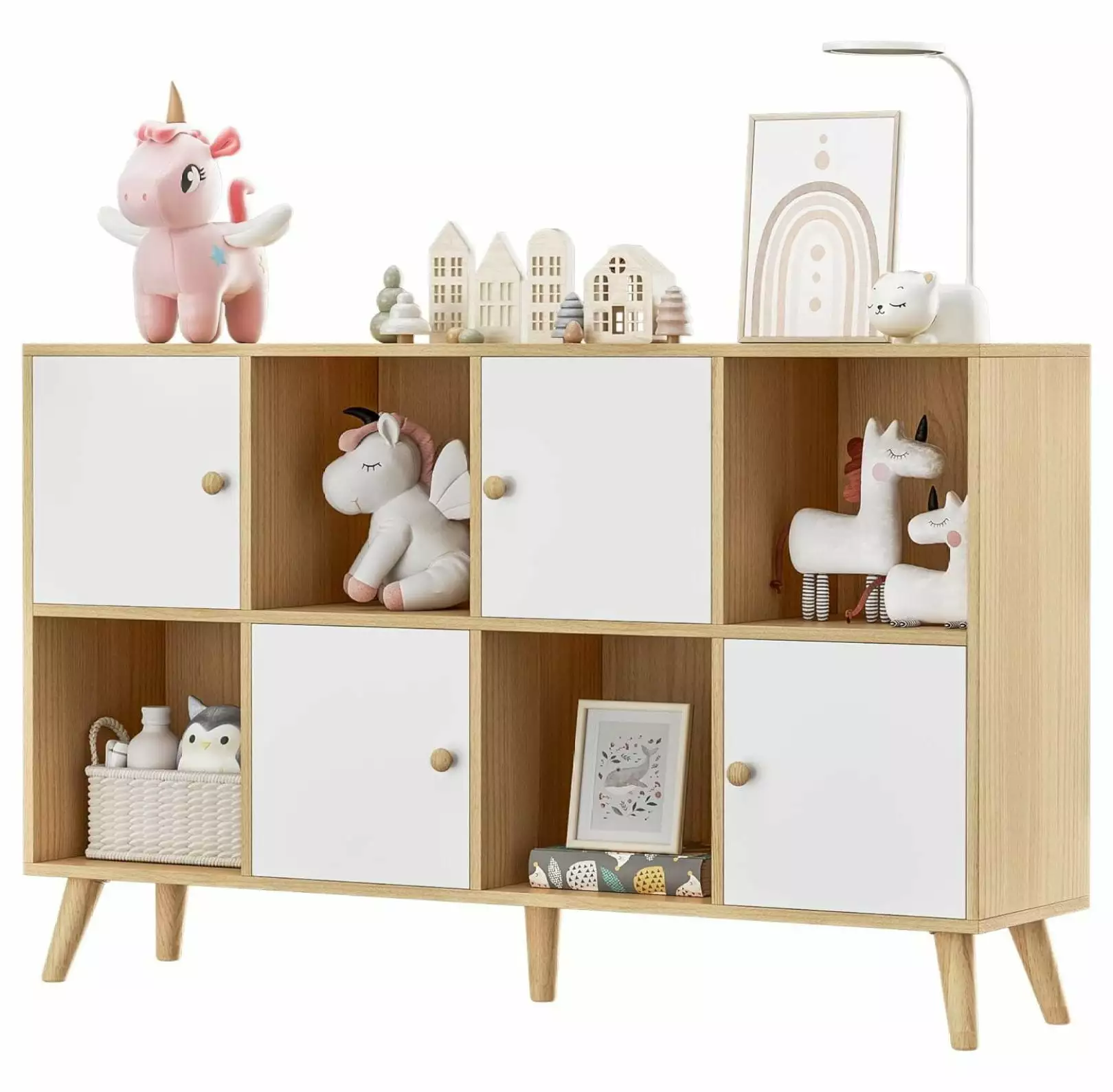 Generic Oak and White 8 Cube Arranger 2-Tier Bookshelf Doors Wooden Cubby Display Bookcase Storage Cabinet Living Room Bed...