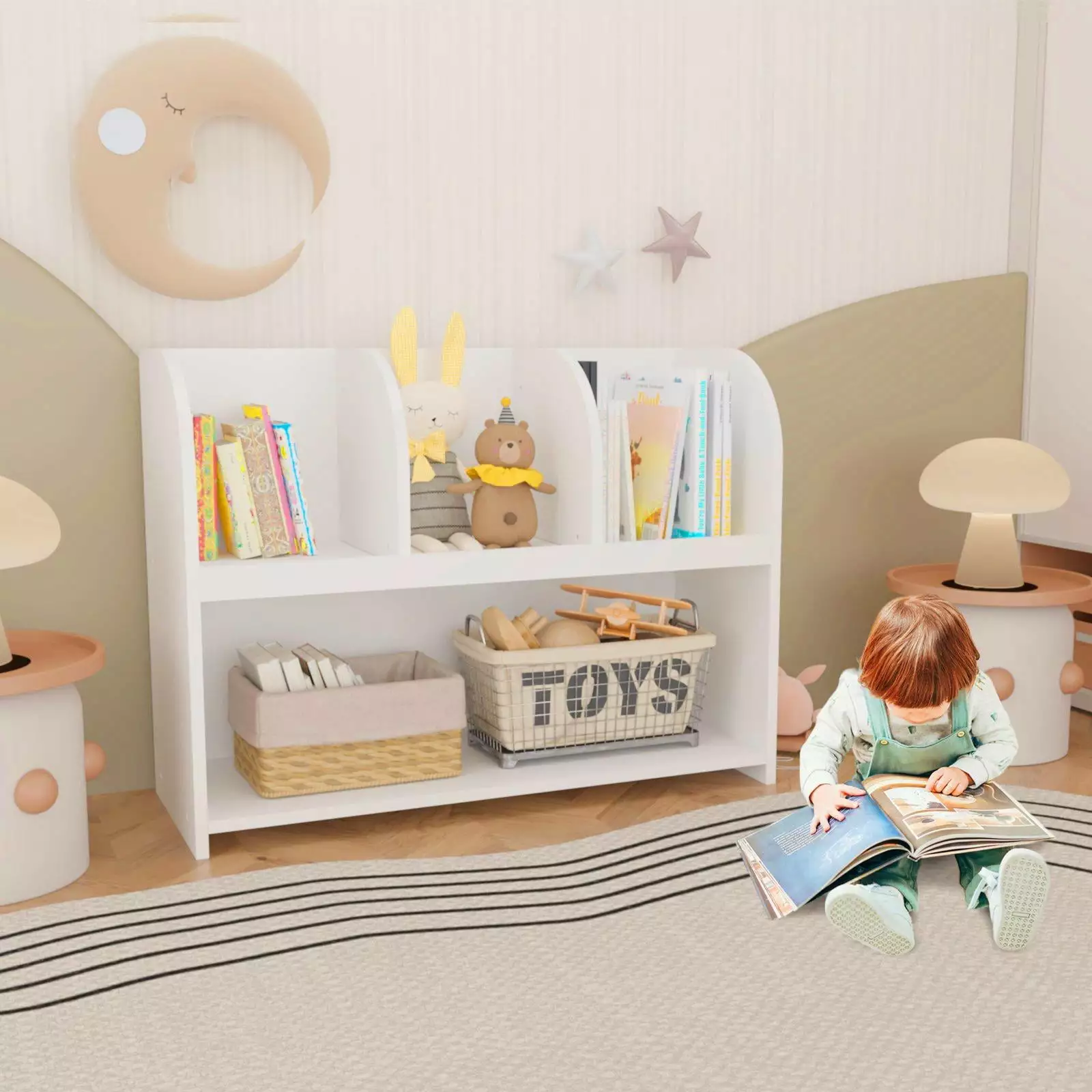 Glavbiku Kids 2 Shelves Bookcase 4 Compartments Wood Toy Arranger Playroom Nursery White