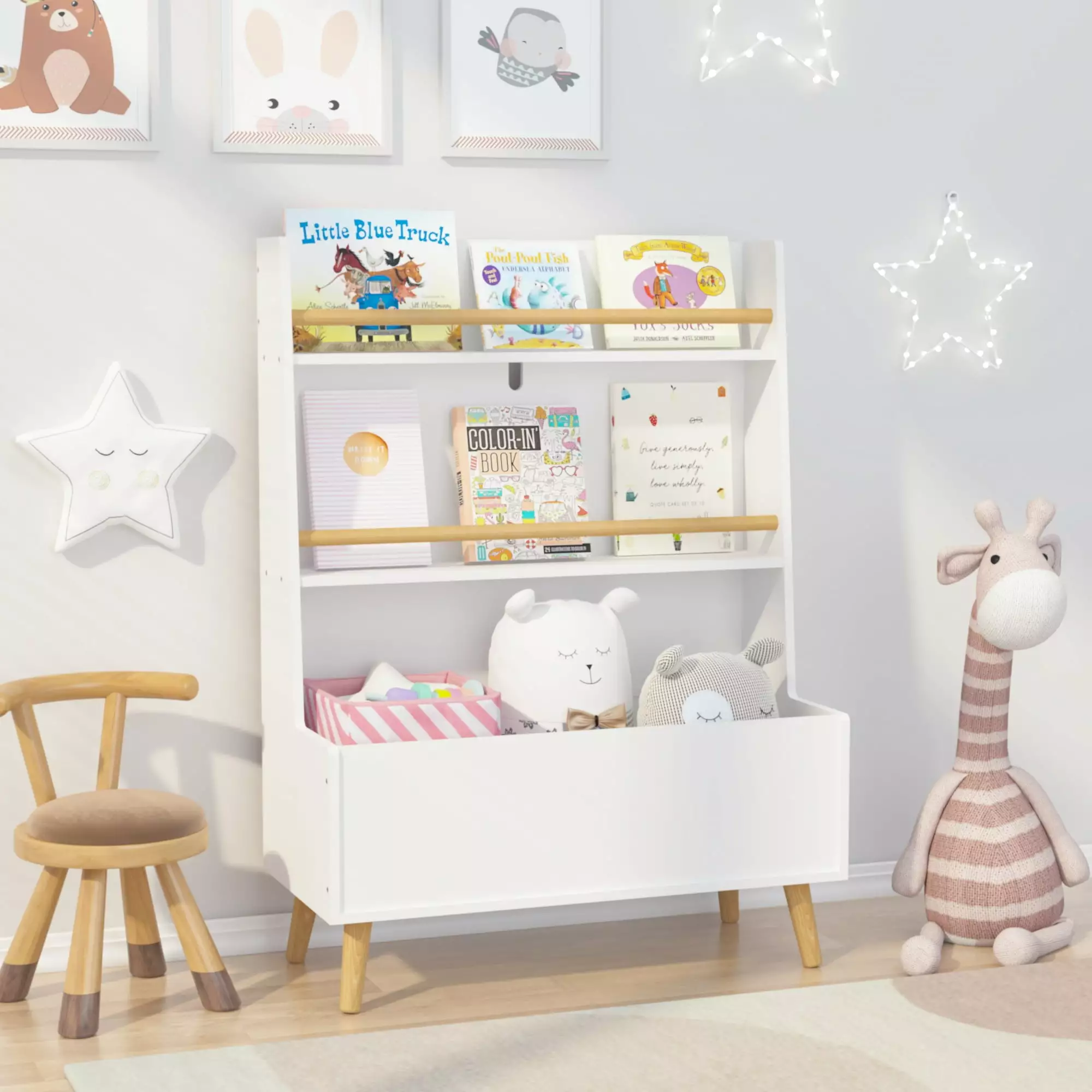 IbayNawi Toy Storage Cabinet 3-Shelf Kids Bookcase Wood Legs Playroom Nursery