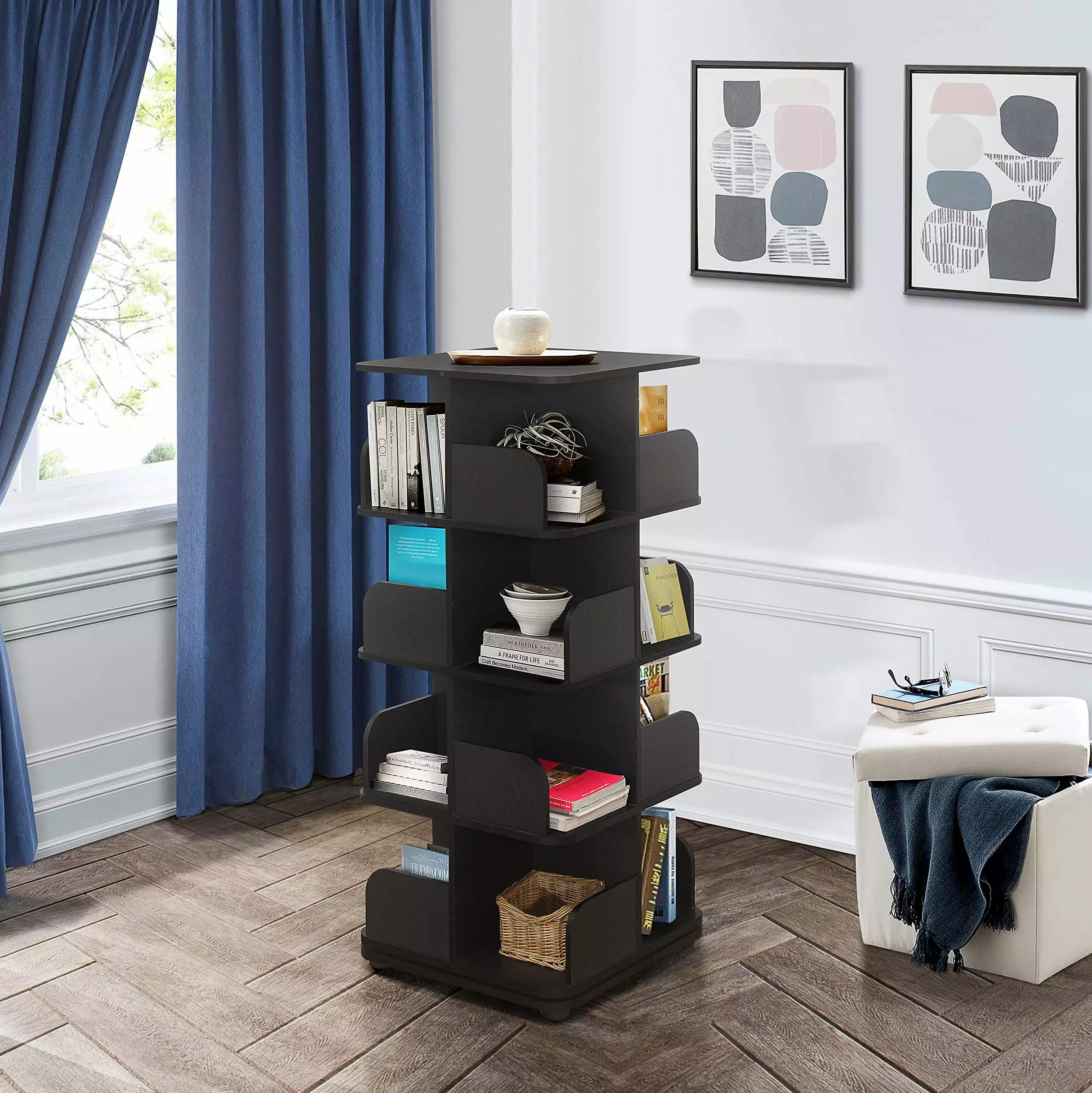 Kings Brand Furniture Wood 4 Tier Revolving Bookcase 16 Shelves Living Room Office Black
