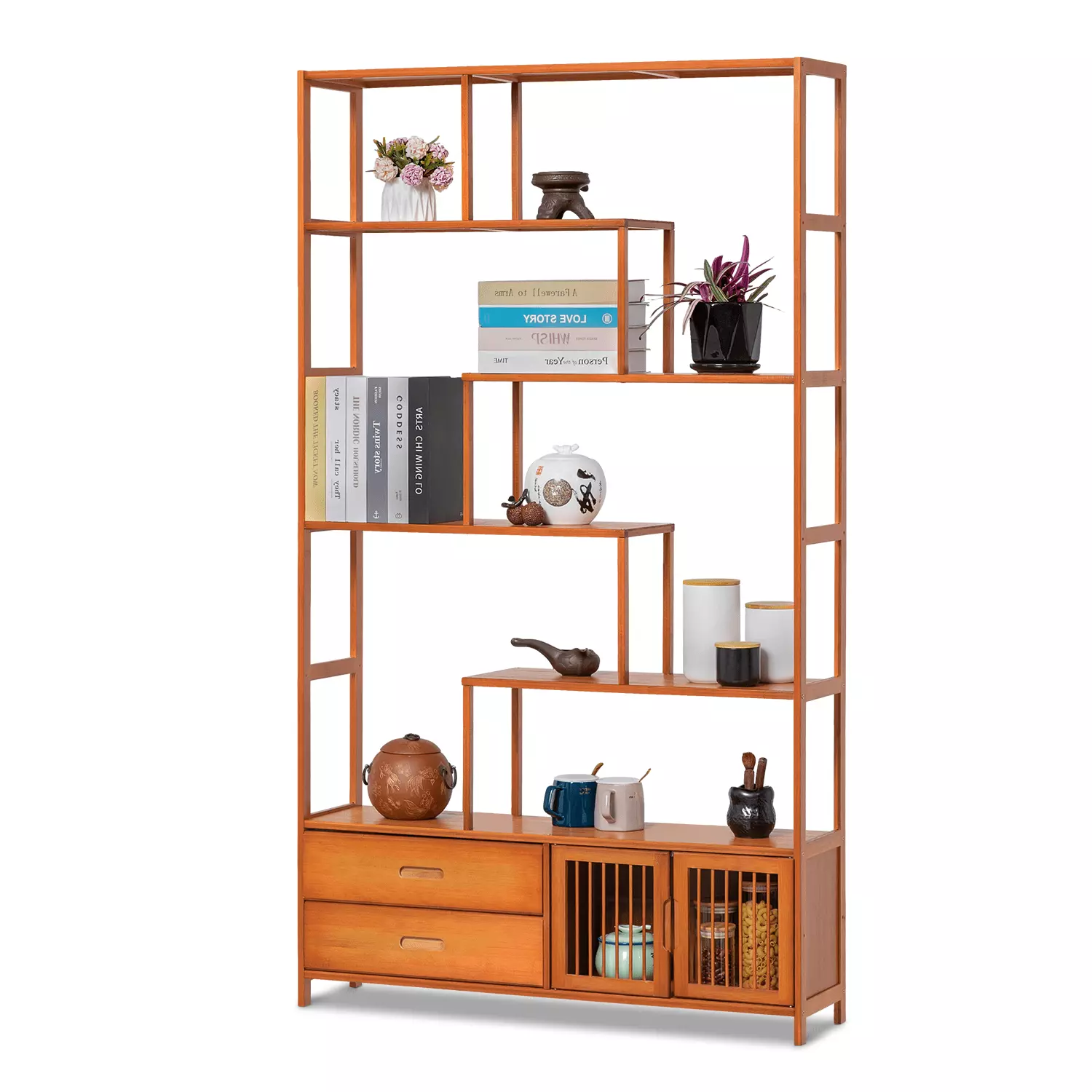 Magshion Vintage Bamboo 5-Shelf Bookcase - Staggered Shelf Storage Organizer - Brown - Home Decor