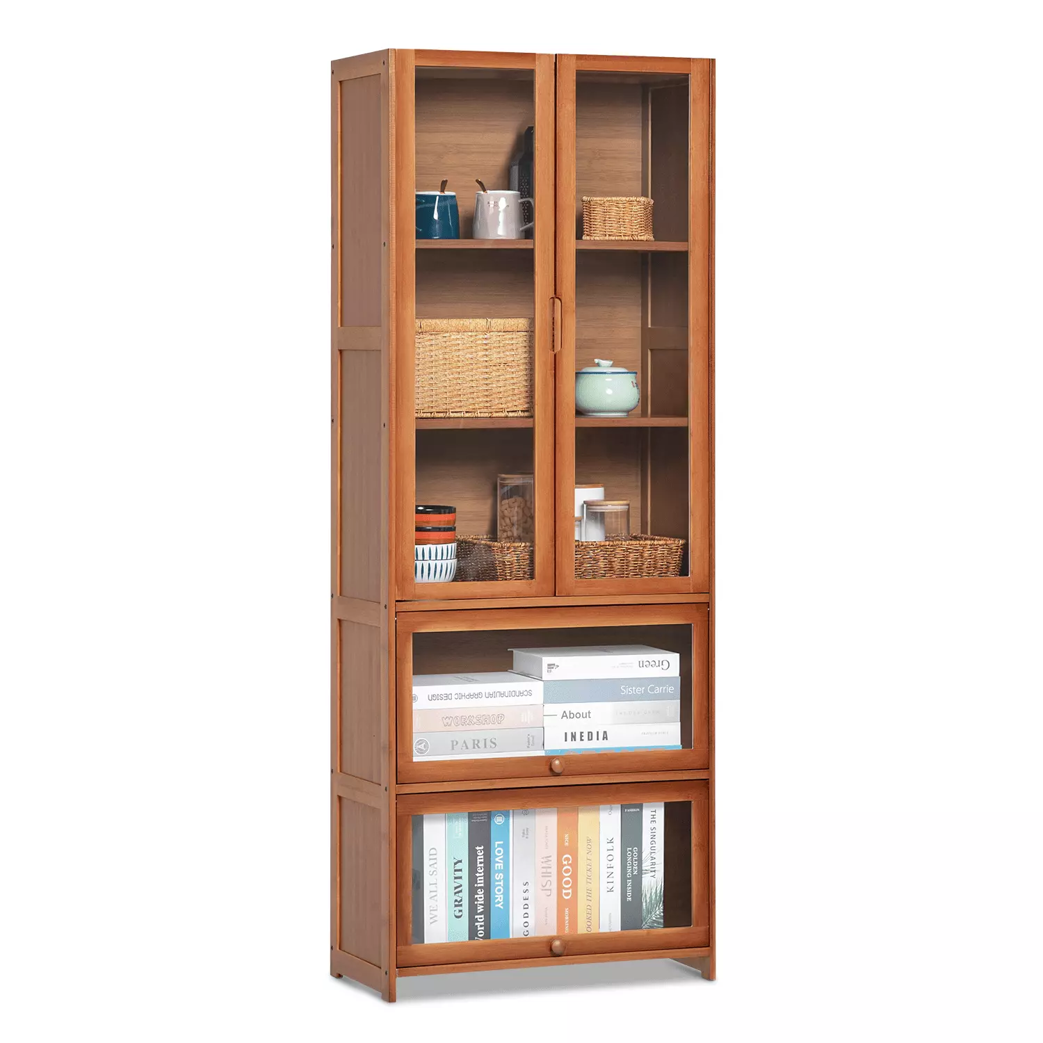 Brown Bamboo 5 Tier Bookcase Display Storage Cabinet Acrylic Doors Living Room MoNiBloom