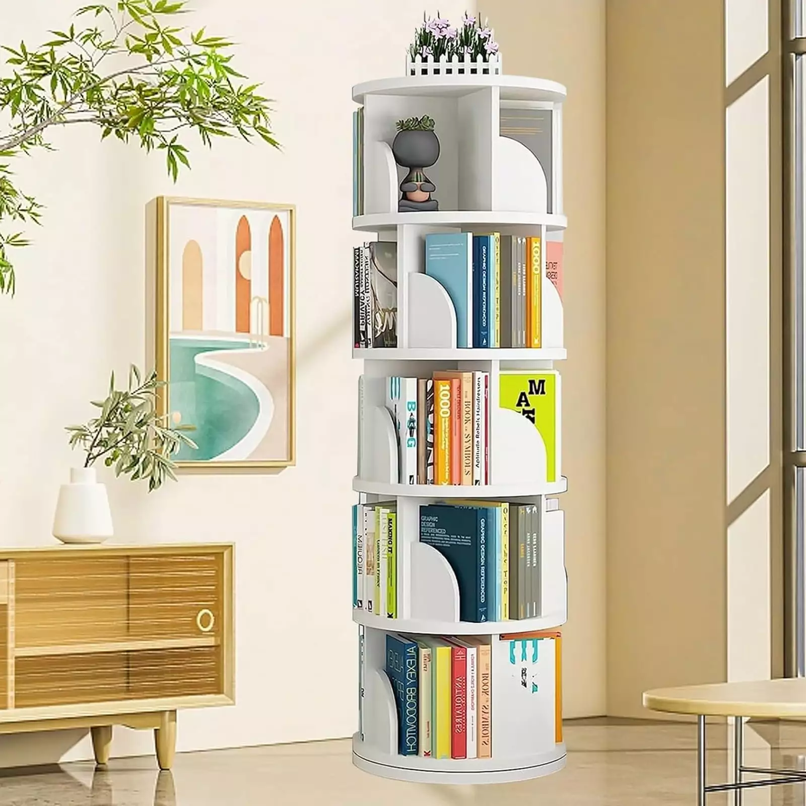 Qunbio 5 Tier Rotating Bookshelf 360 Degrees Revolving Bookcase 20 Shelves Corner Storage