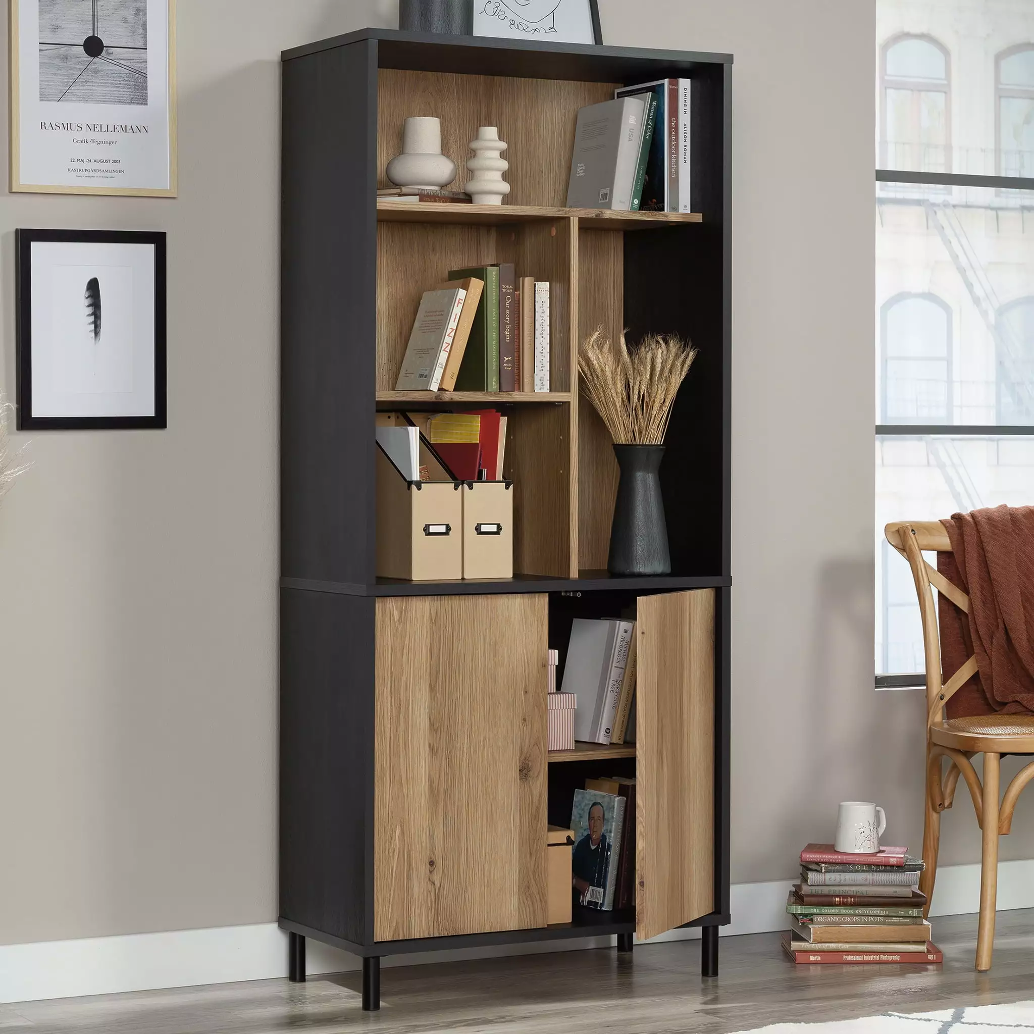 Sauder Acadia Way 5-Shelf Tall Bookcase Doors Raven Oak Finish