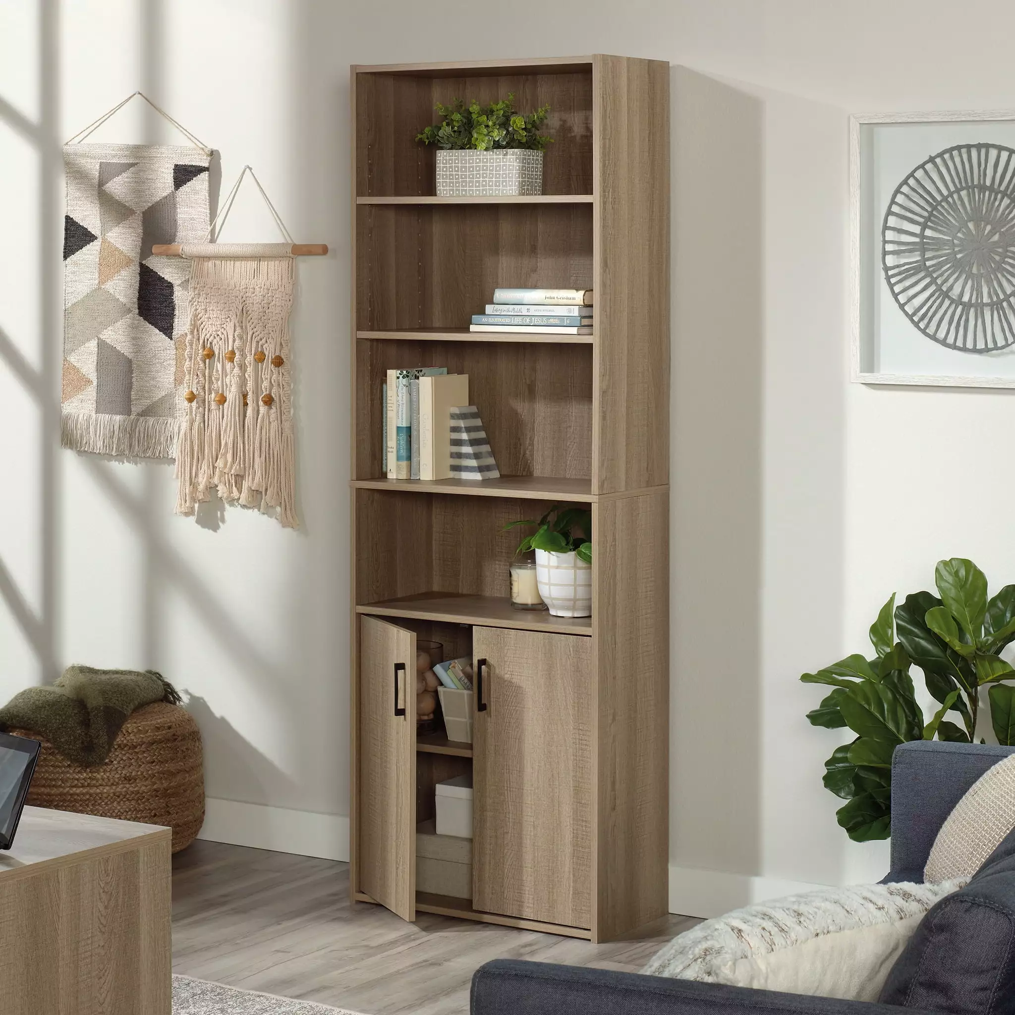 Sauder Beginnings Tall 4-Shelf Bookcase 2 Doors Summer Oak Finish