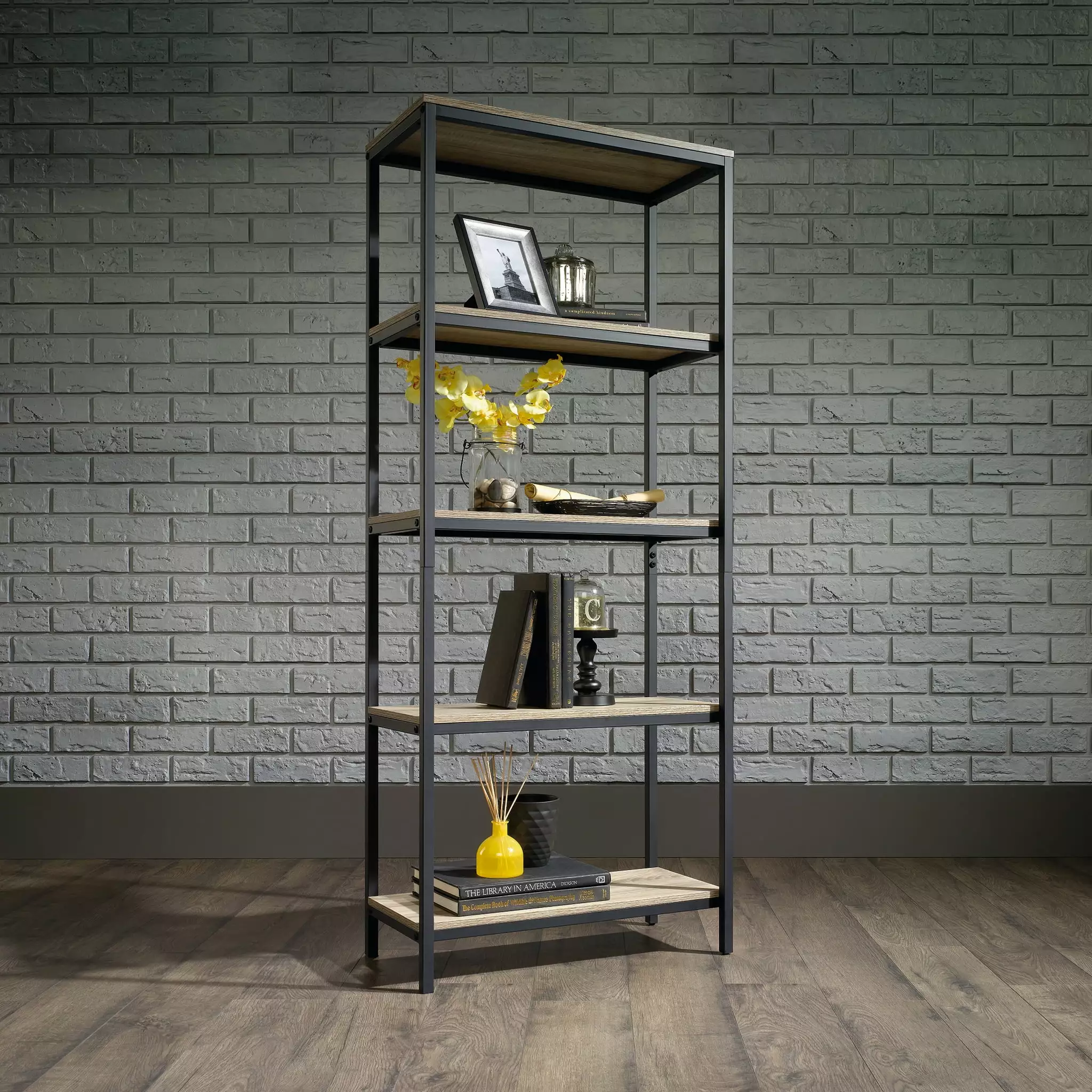 Sauder Curiod Tall Metal Frame Bookcase Charter Oak Finish