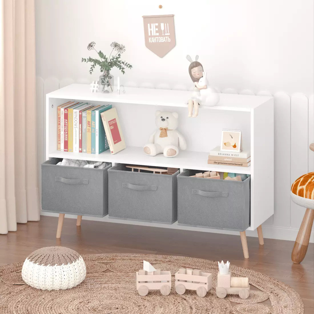 Tcbosik Kids Low Bookcase White Wooden Cubby Storage Gray Collapsible Fabric Drawers