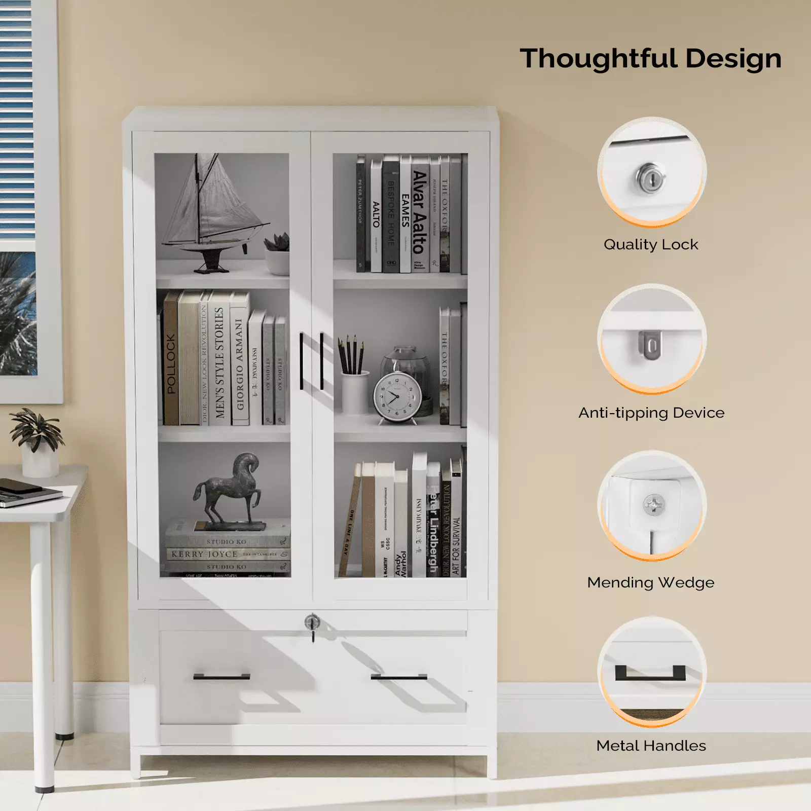 UBesGoo 4 Tier File Cabinet Bookcase Lockable Drawers and Adjustable Shelves - White